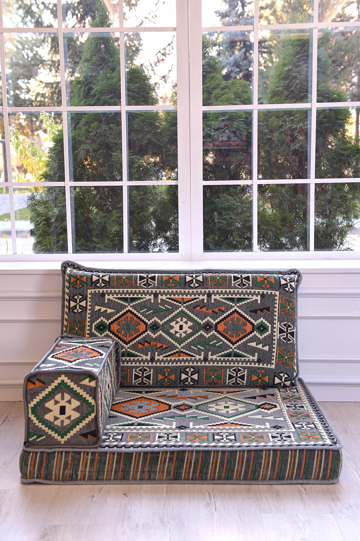 Şark Köşesi Takımı , 95 Cm Yer Minderi Takımı Anadolu Gri Modeli (3 Parça)