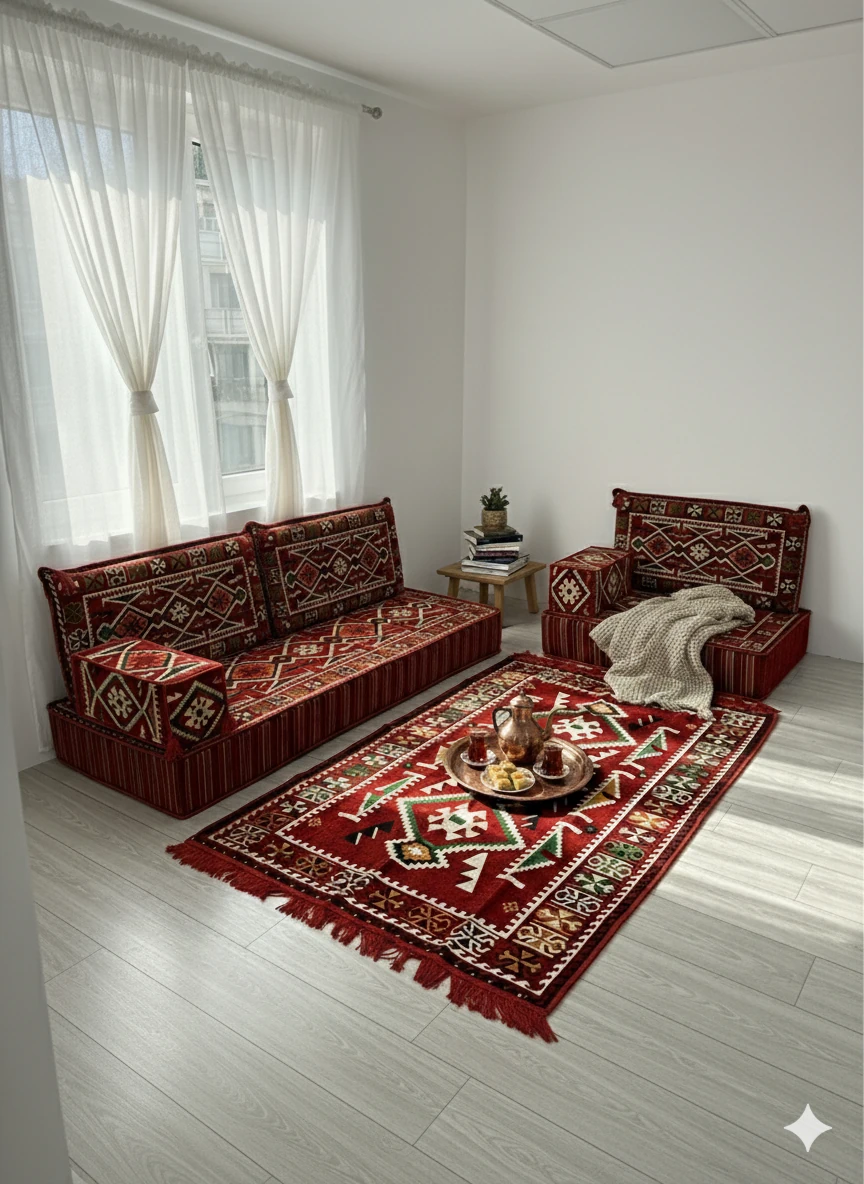20 cm Kalınlıklı Şark Köşesi Takımı - 70x190 + 70x95 Anadolu Kırmızı Desenli Minder Seti