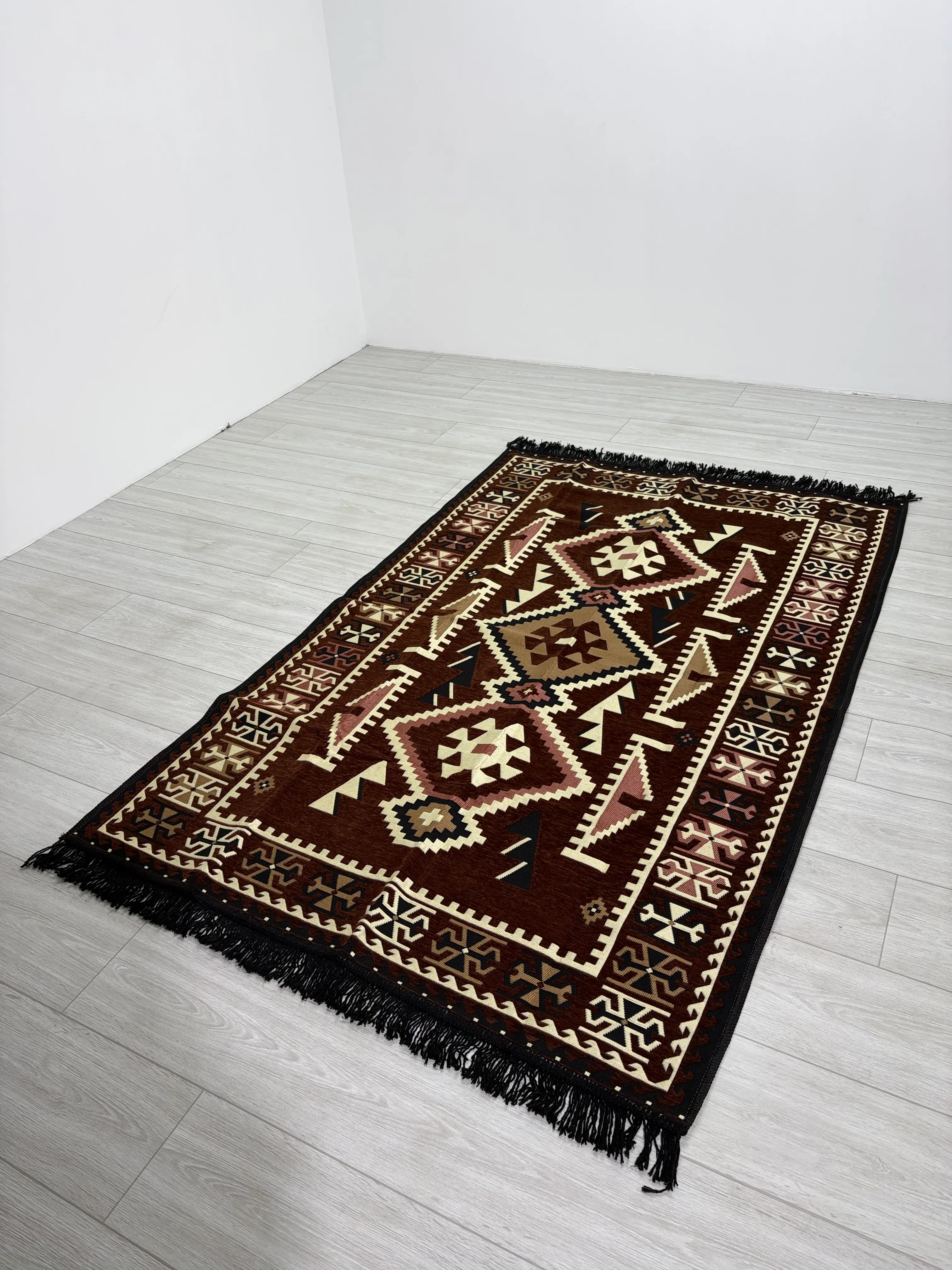 Pamuk Polyester Karışımlı Modern Otantik Kilim - Anadolu Kahve Modeli Yıkanabilir Kilim