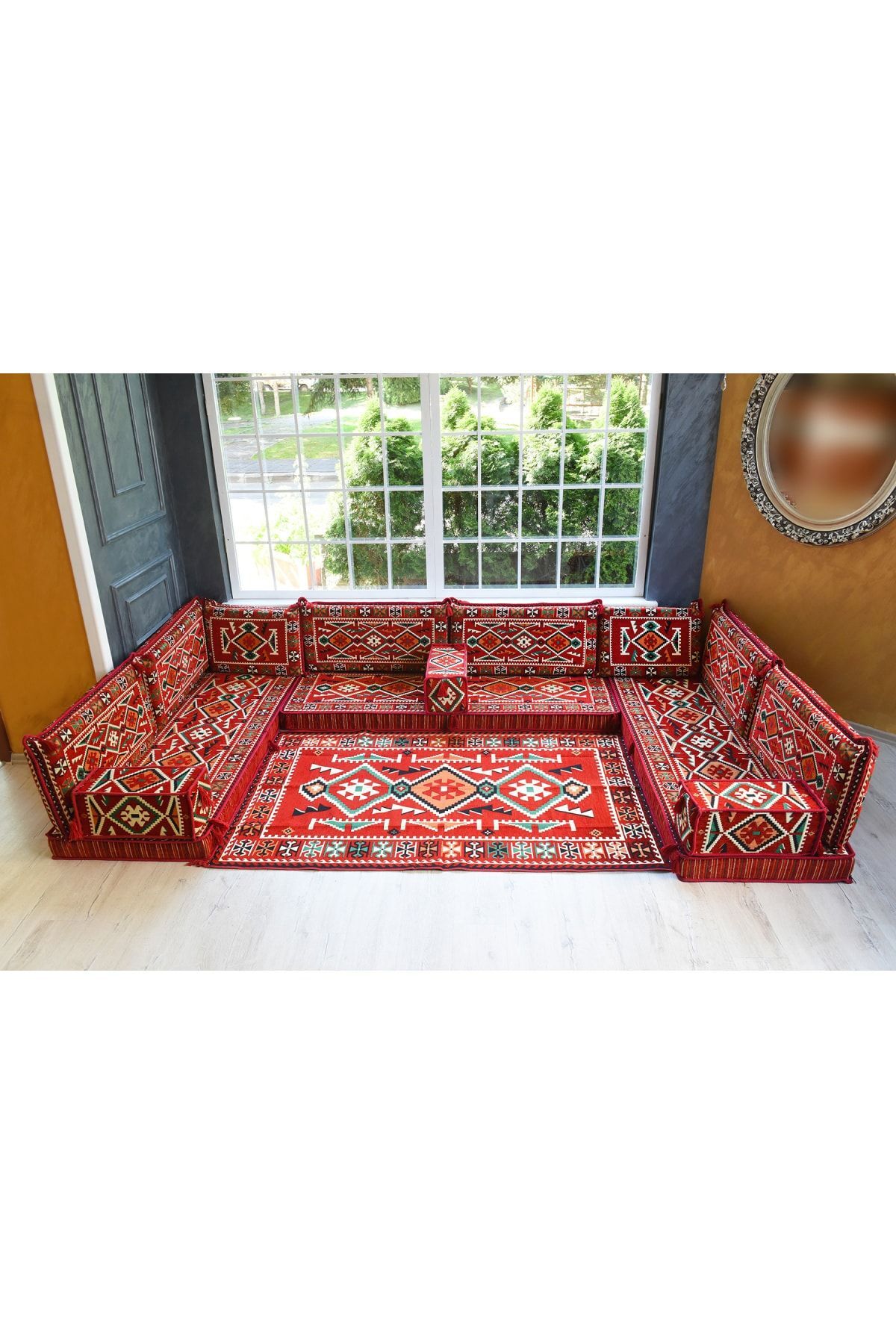 Şark Köşesi Takımı Konsepti Kırmızı Anadolu Modeli Koltuk Takımı Sünger Dahil (15 Parça)