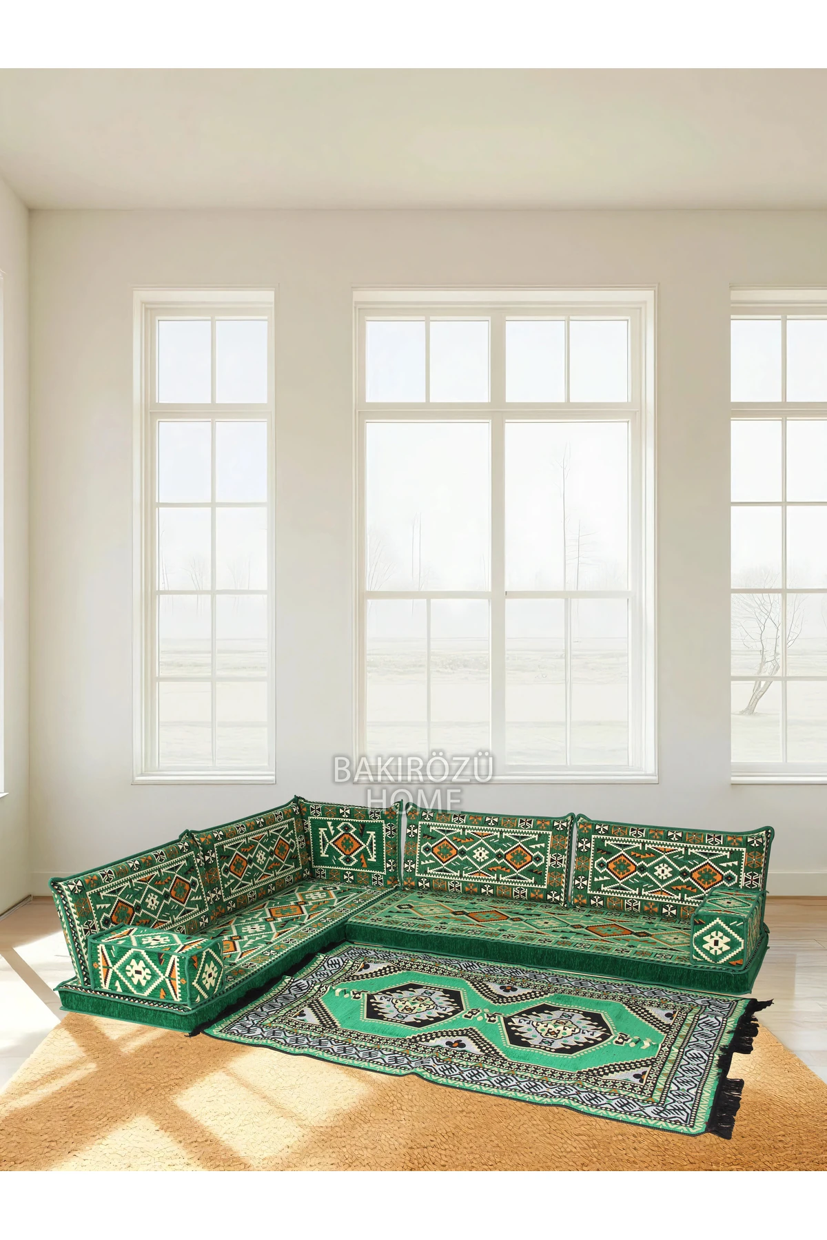 Şark Köşesi Takımı Kahve Anadolu Modeli Koltuk Takımı Sünger Dahil 10 Parça - Yeşil