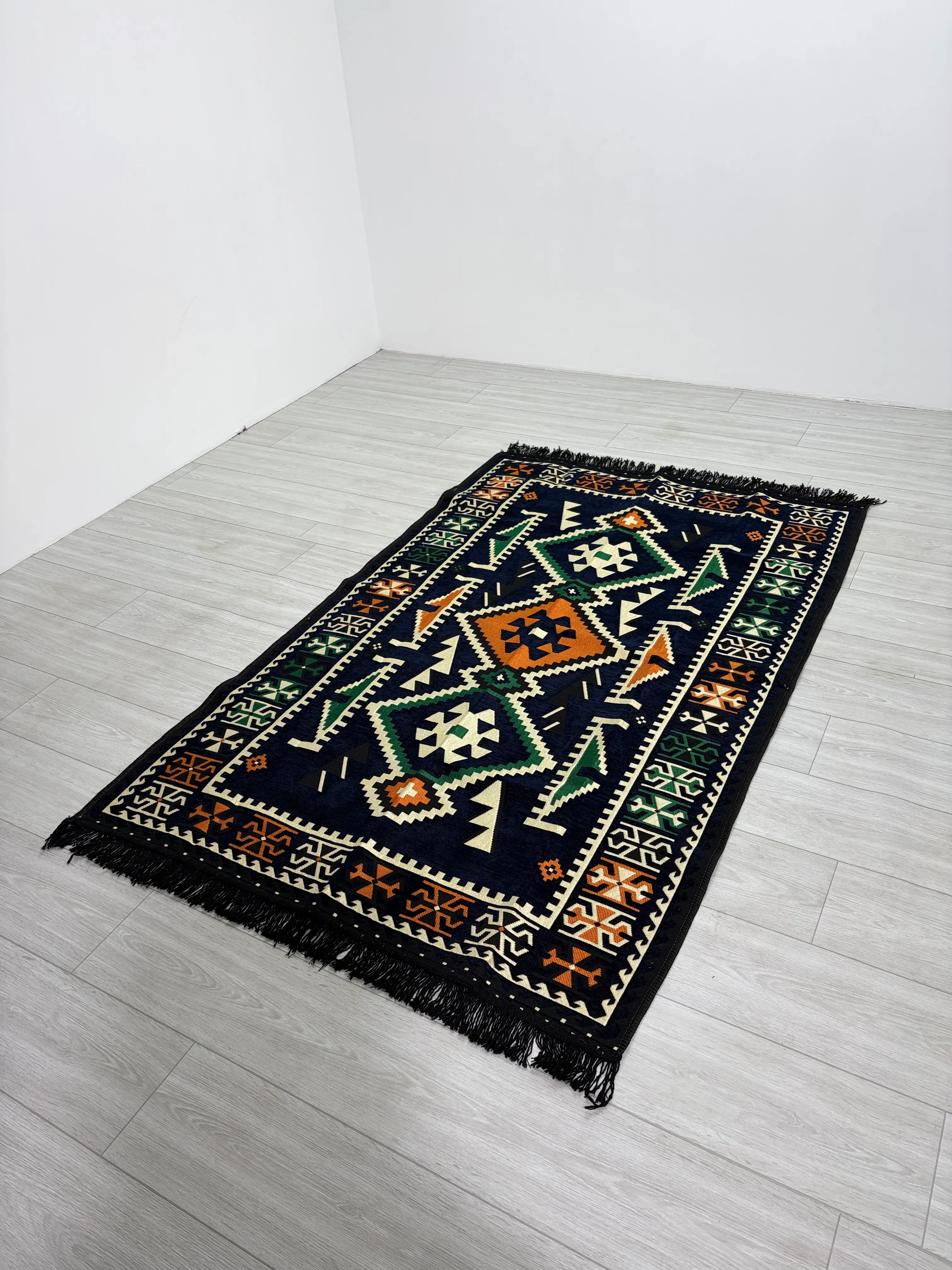 Pamuk Polyester Karışımlı Modern Otantik Kilim - Anadolu Lacivert Modeli Yıkanabilir Kilim