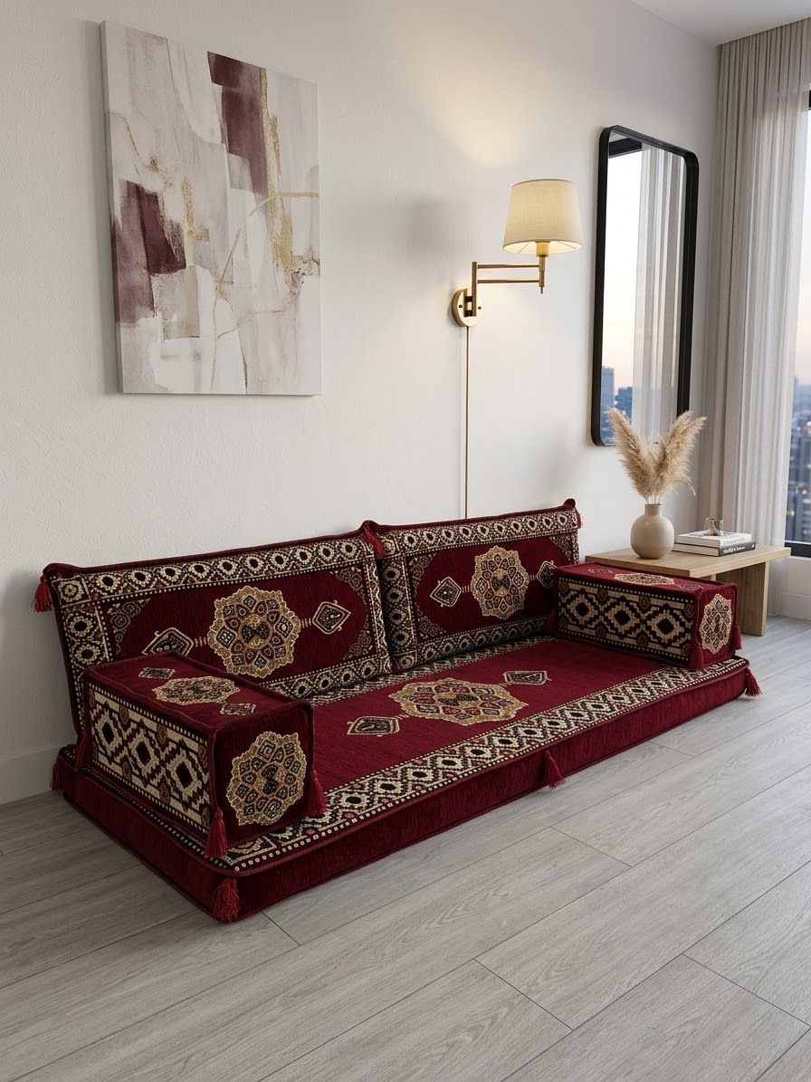 Güneş Modeli Bordo Otantik Şark Köşesi Takımı 2 Kolluklu - 5 Parça - Yer Minderi Seti (10 Cm Minder Kalınlığı) 