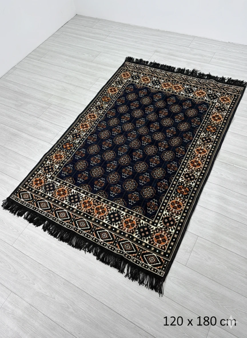 Pamuk Polyester Karışımlı Modern Otantik Kilim - Buhara Lacivert Modeli Yıkanabilir Kilim