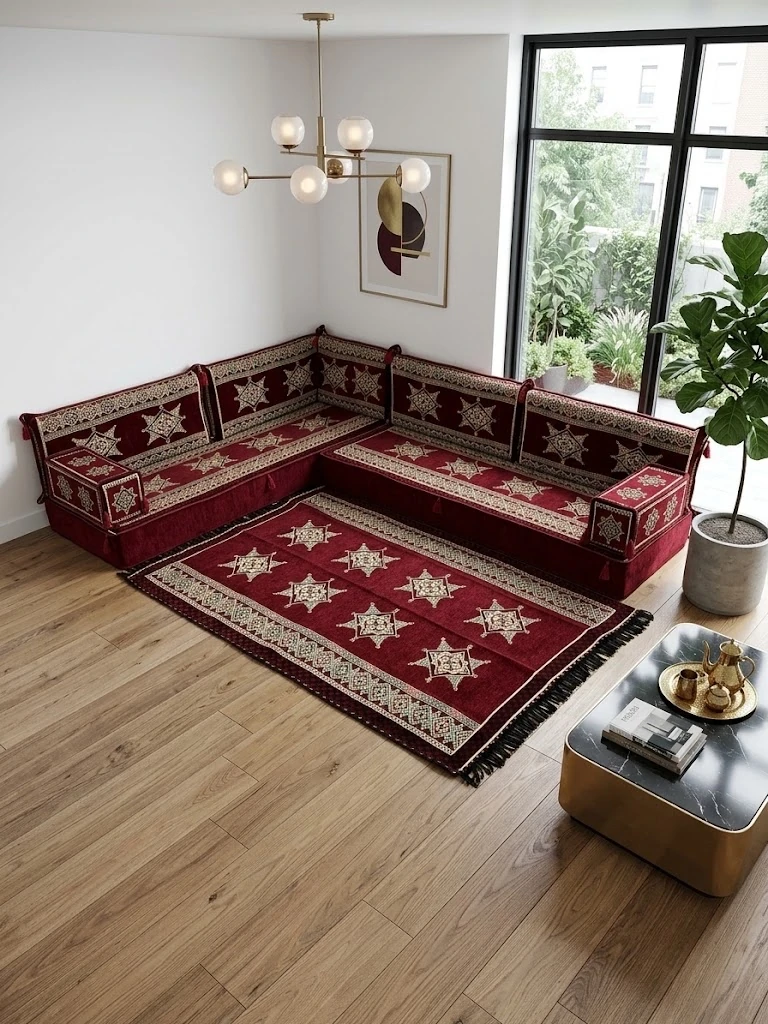 Yıldız Modeli Bordo Şark Köşesi Takımı – L SET - Geleneksel Yer Minderi Seti (20 Cm Minder Kalınlığı) 