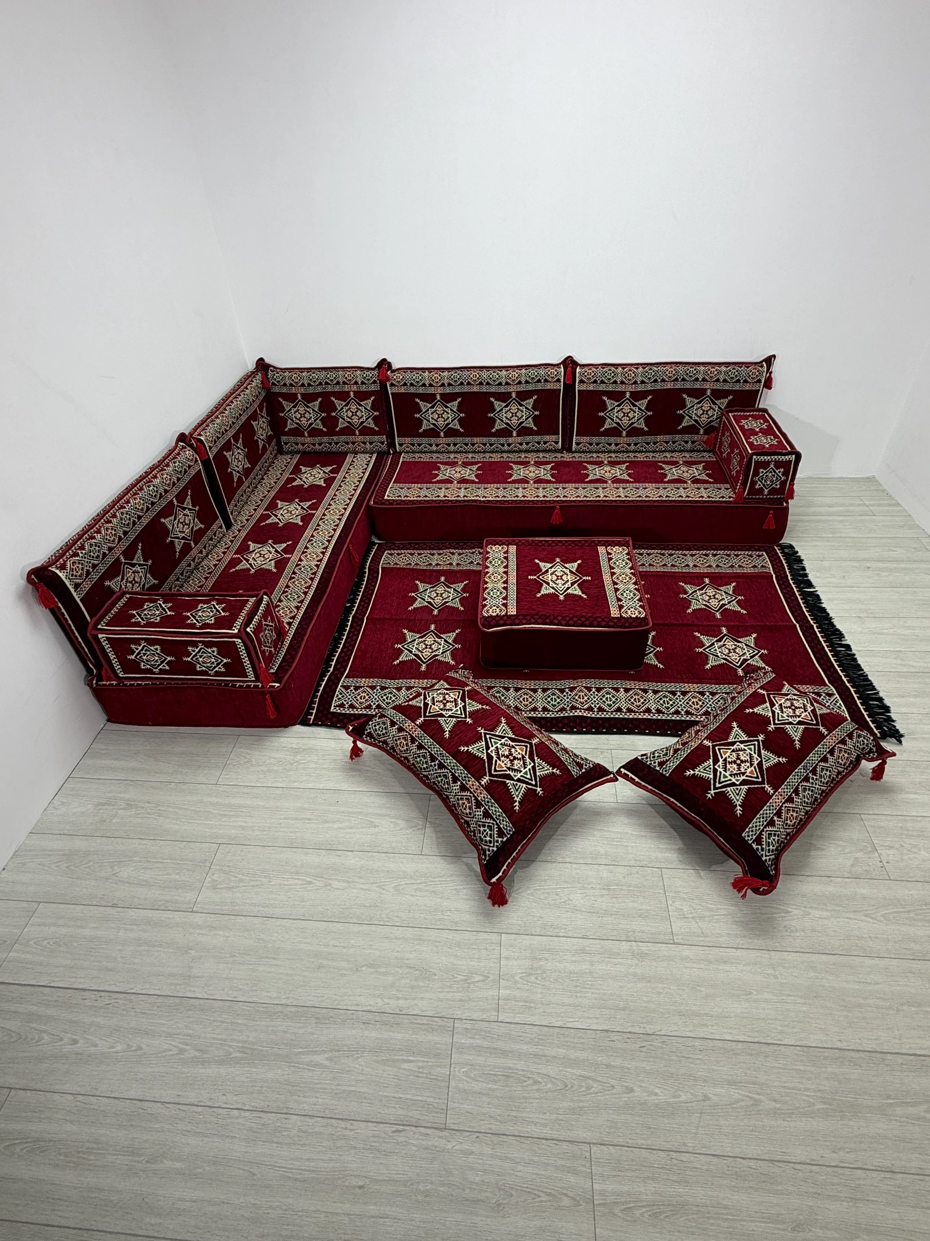 Yıldız Modeli Bordo Şark Köşesi Takımı 13 Parça - L SET - Geleneksel Yer Minderi Seti (20 Cm Minder Kalınlığı) 