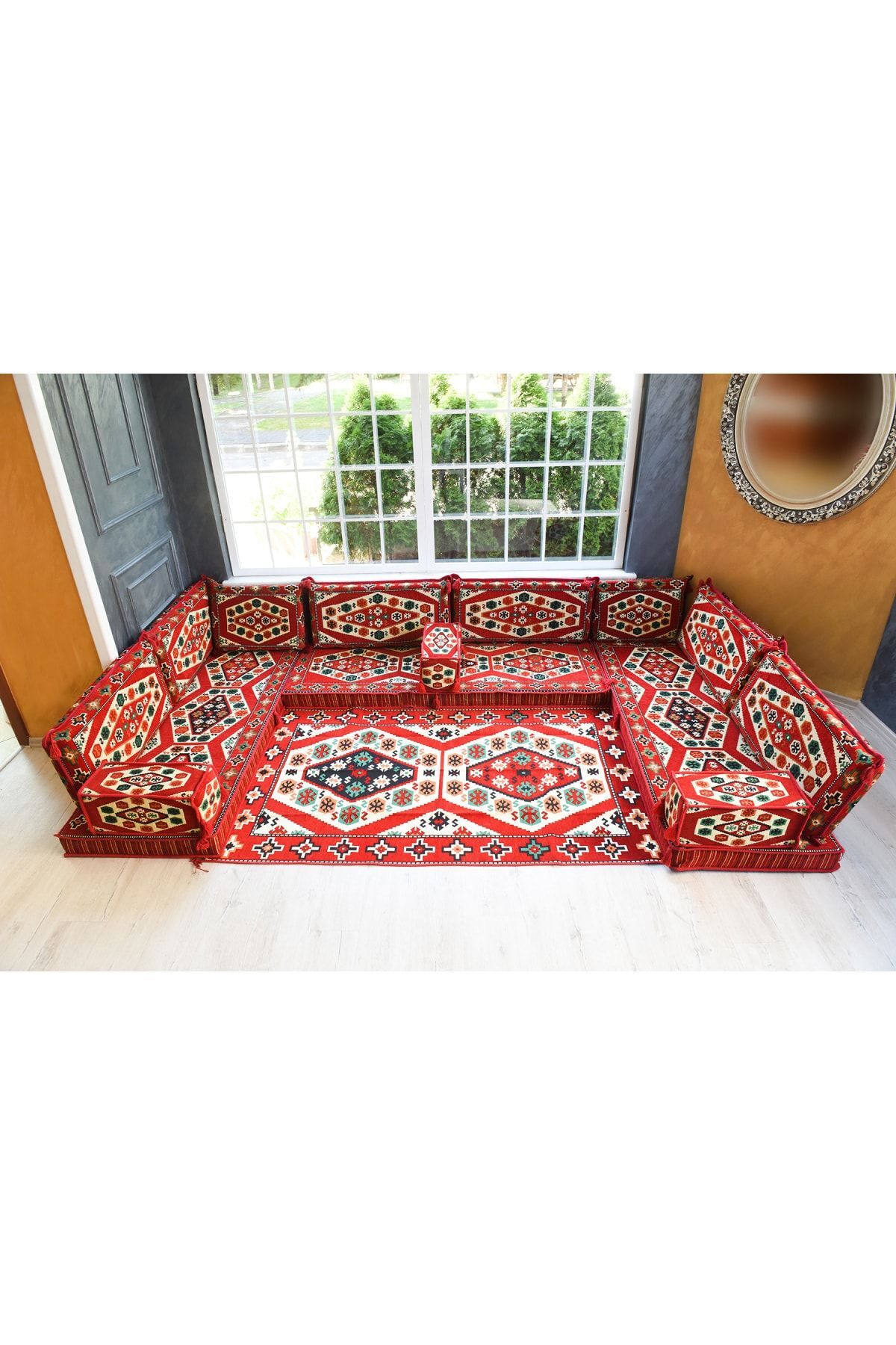 Şark Köşesi Takımı Konsepti Yörük Kırmızı Modeli Koltuk Takımı Sünger Dahil (15 Parça)