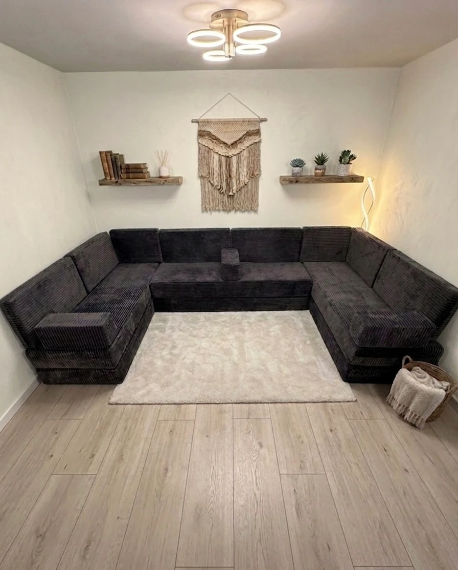 Premium Kadife Kumaş, Konforlu Yer Kanepesi ,Modüler Şark Köşesi Takımı - Antrasit - U SET- 40 CM