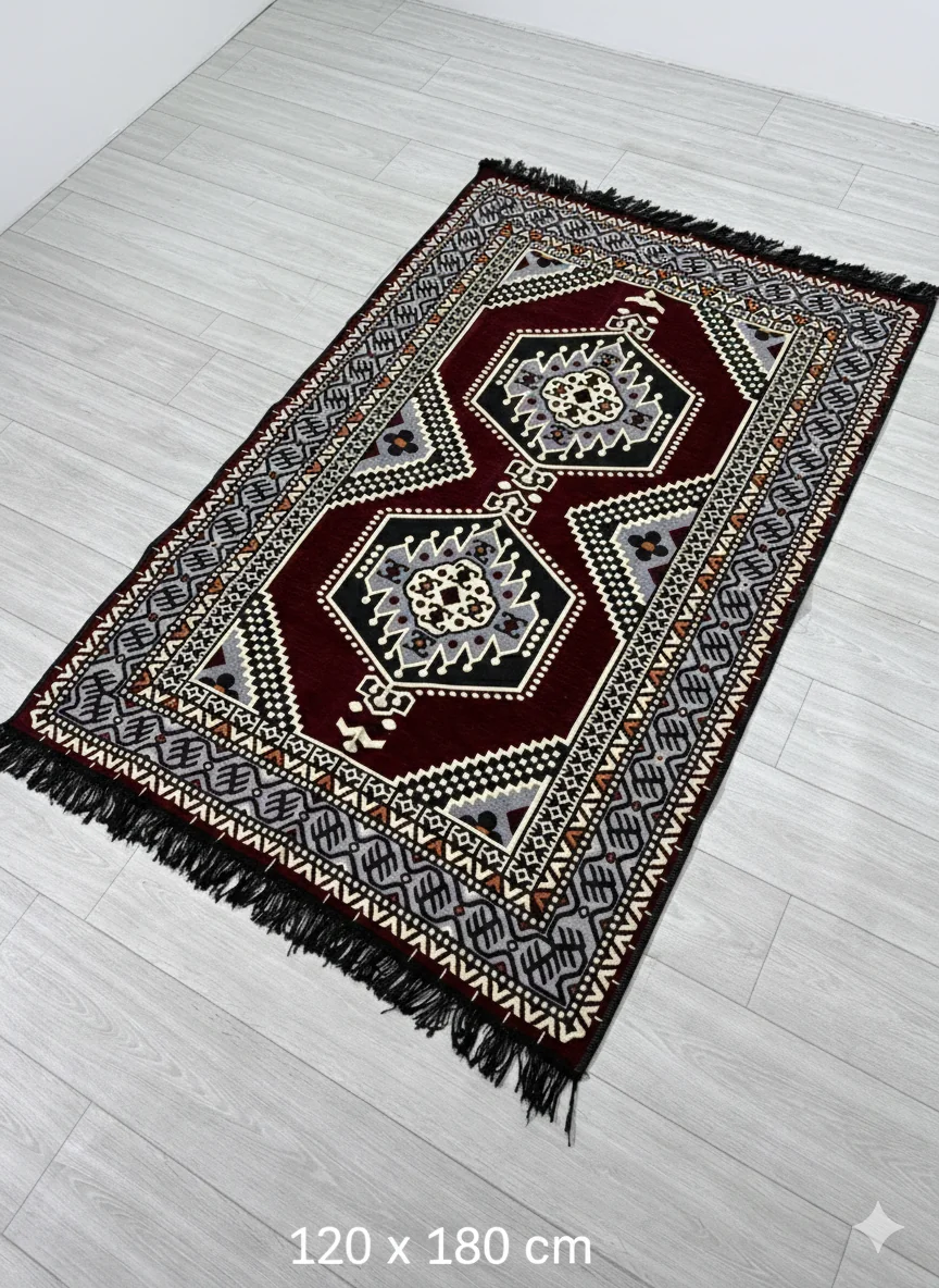 Pamuk Polyester Karışımlı Modern Otantik Kilim - Yahyalı Bordo Modeli Yıkanabilir Kilim