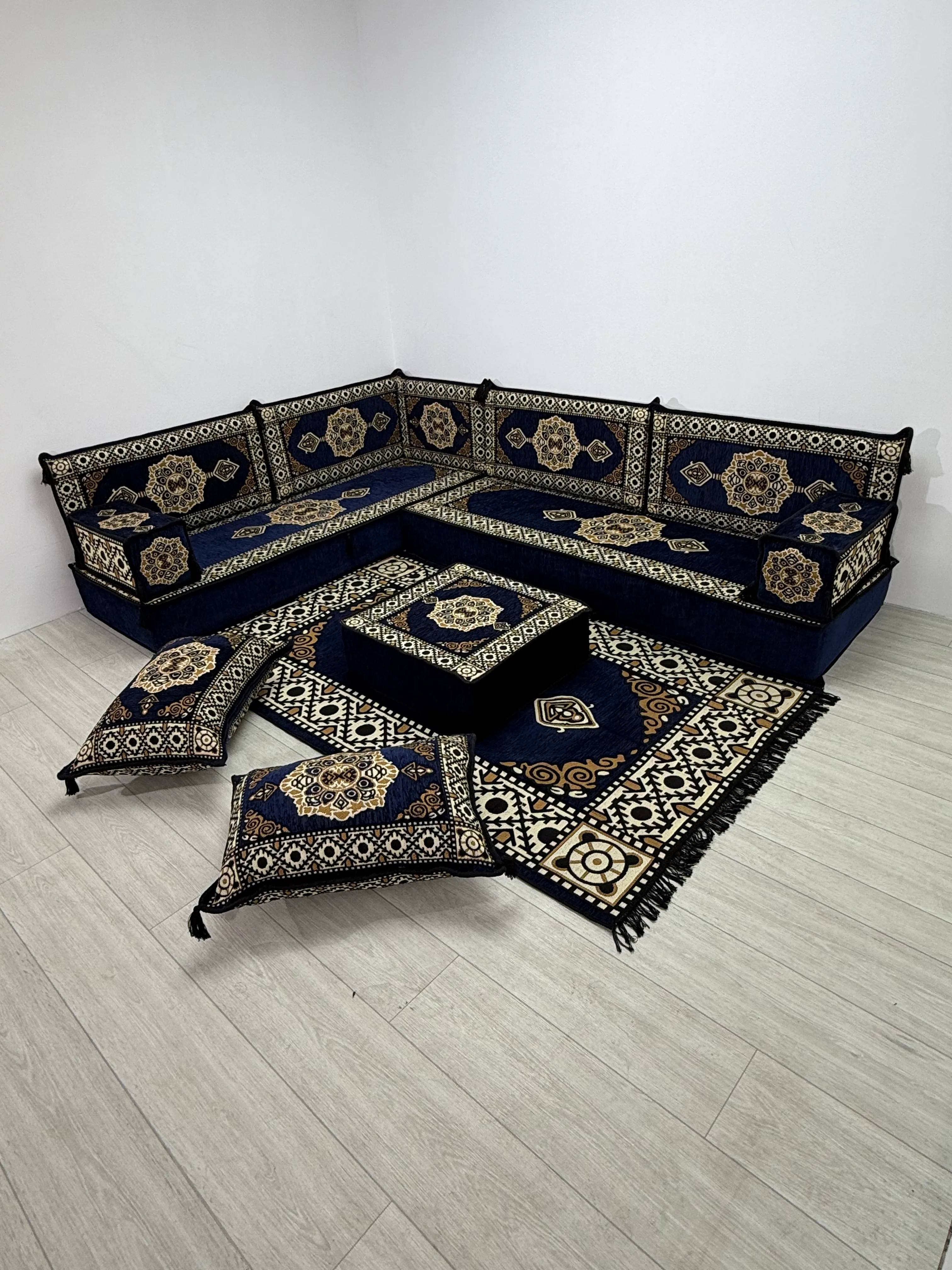 Güneş Modeli Lacivert Şark Köşesi Takımı 13 Parça - L SET - Geleneksel Yer Minderi Seti (20 Cm Minder Kalınlığı) 