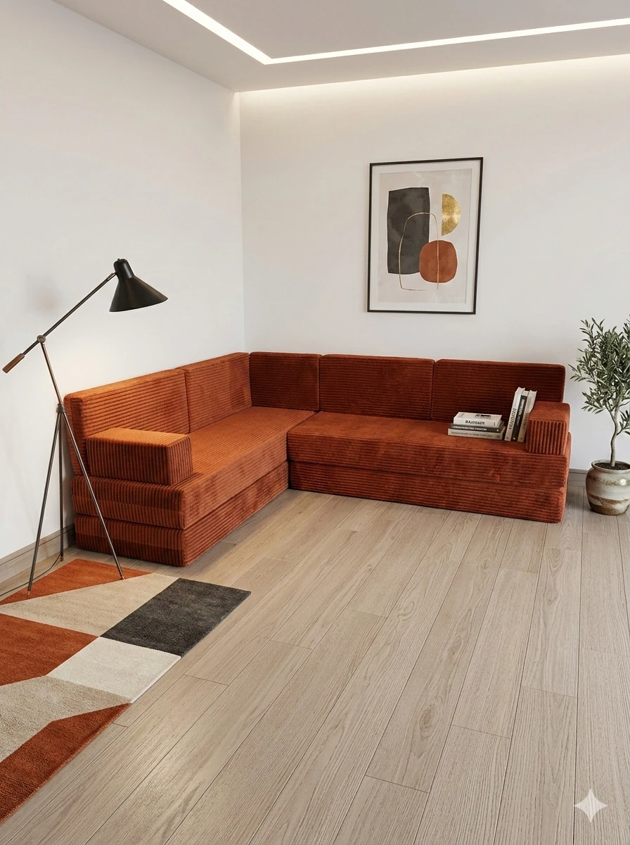 Premium Kadife Kumaş, Konforlu Yer Kanepesi ,Modüler Şark Köşesi Takımı - Kiremit - L SET