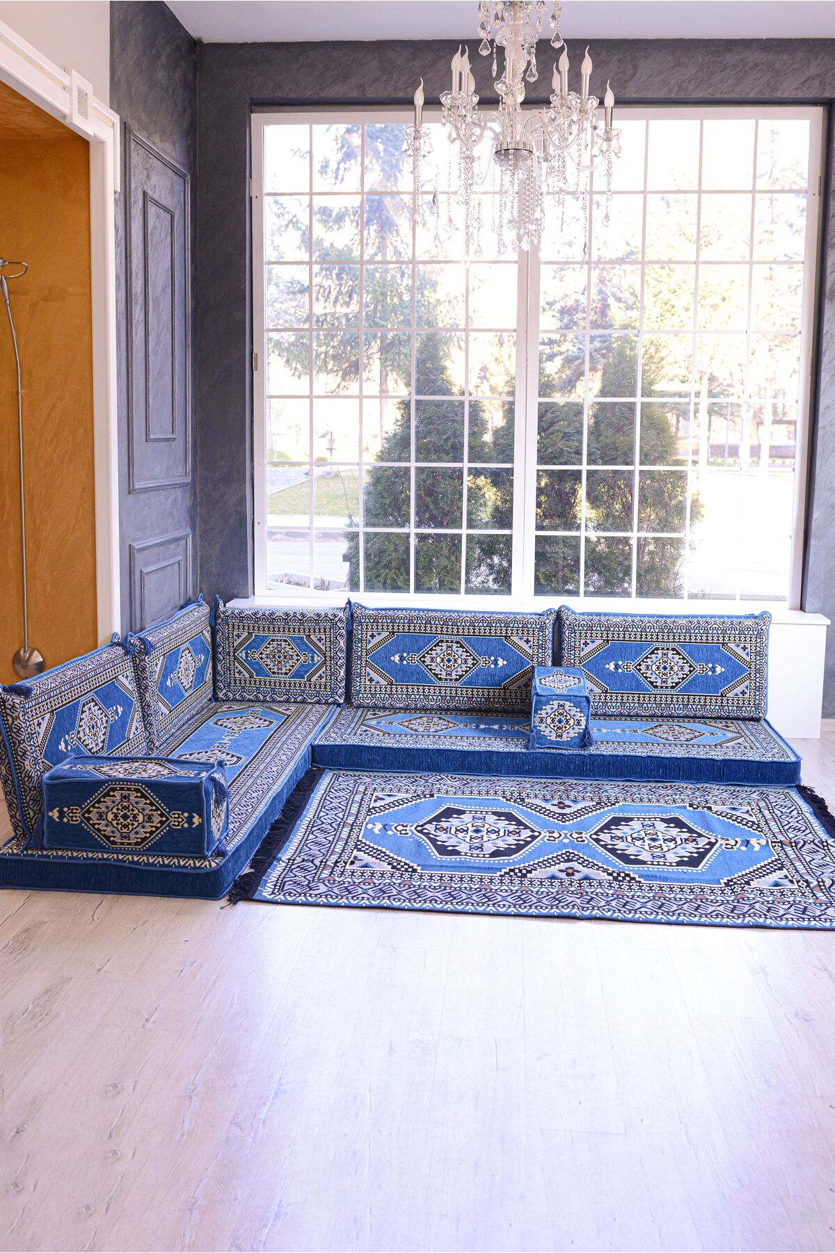 Şark Köşesi Takımı Konsepti Mavi Yahyalı Modeli Koltuk Takımı Sünger Dahil (10 Parça)