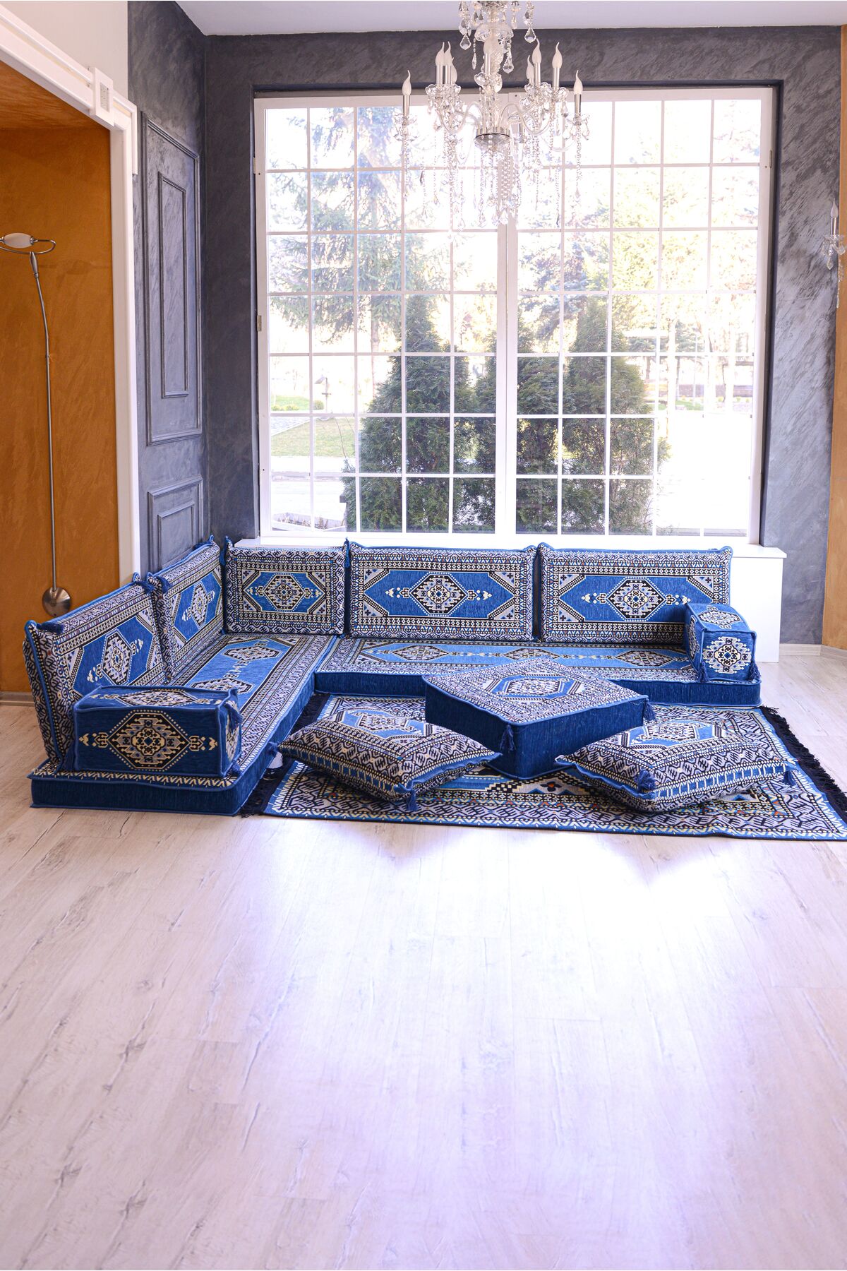 Şark Köşesi Takımı Konsepti Mavi Yahyalı Modeli Koltuk Takımı Sünger Dahil (13 Parça)