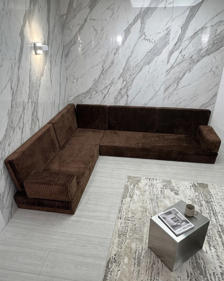 Premium Kadife Kumaş, Konforlu Yer Kanepesi ,Modüler Şark Köşesi Takımı - Kahve - L SET