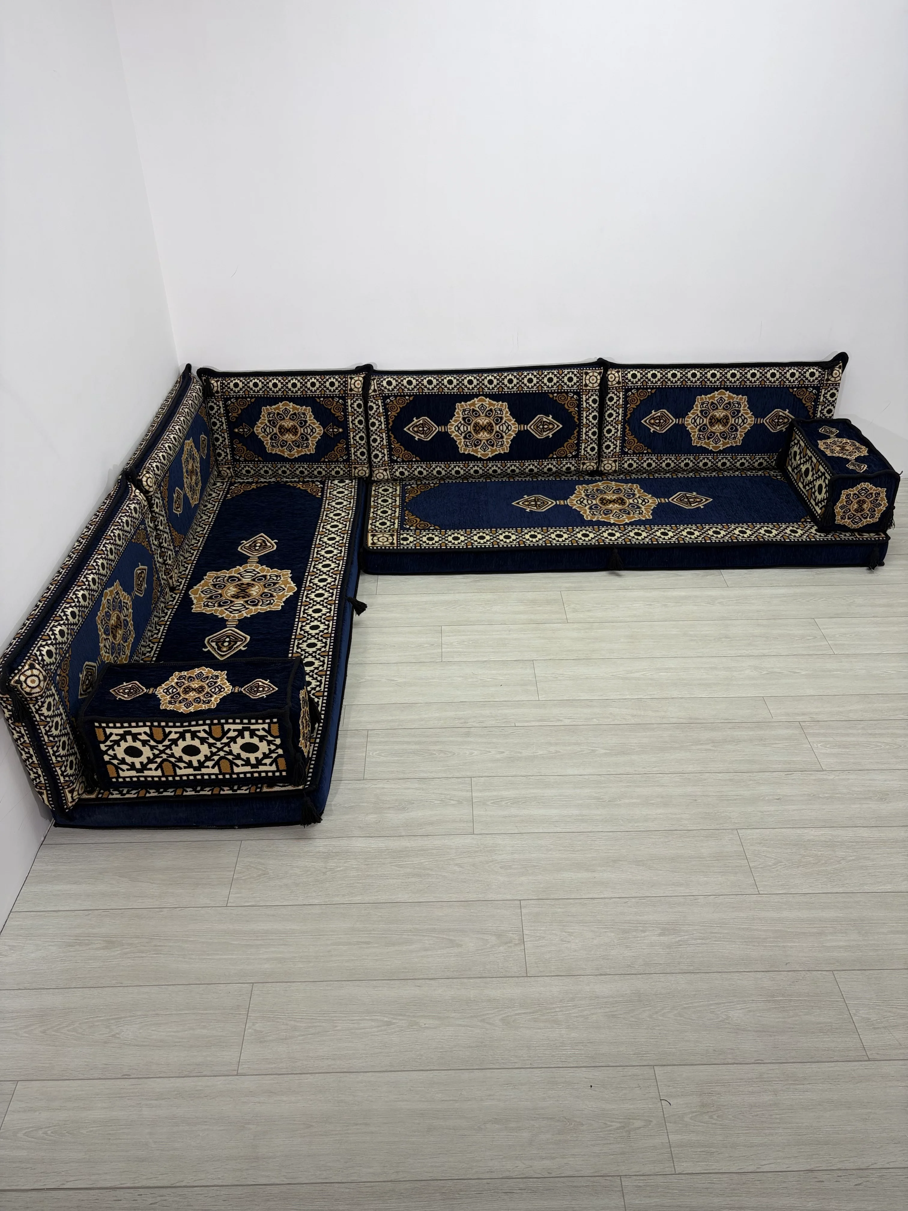 Güneş Modeli Lacivert Otantik Şark Köşesi Takımı – L SET - Geleneksel Yer Minderi Seti (10 Cm Minder Kalınlığı) 9 Parça