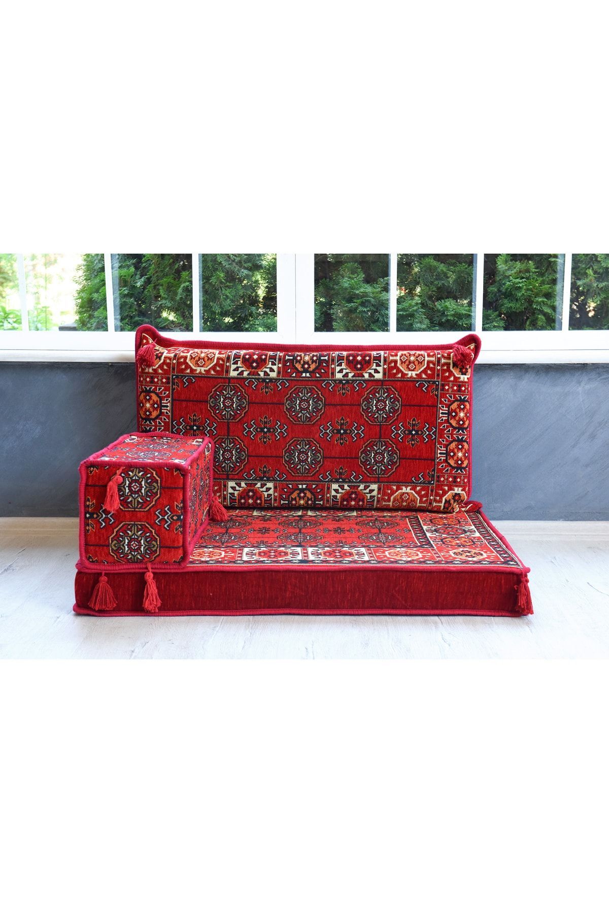 Şark Köşesi Takımı , 95 Cm Yer Minderi Takımı (sünger Dahil) Kırmızı Buhara Modeli (3 Parça)