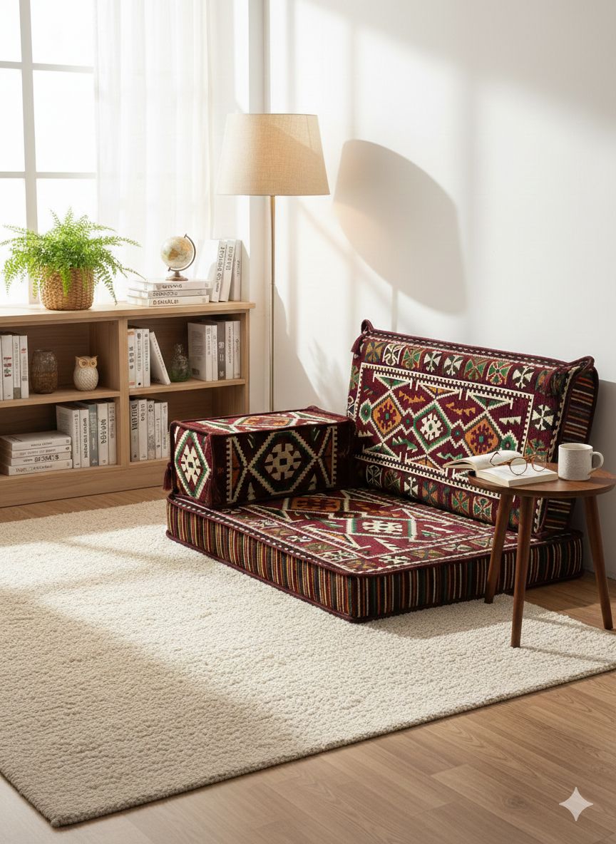 Şark Köşesi Takımı , 95 Cm Yer Minderi Takımı Bordo Anadolu Modeli (3 Parça)