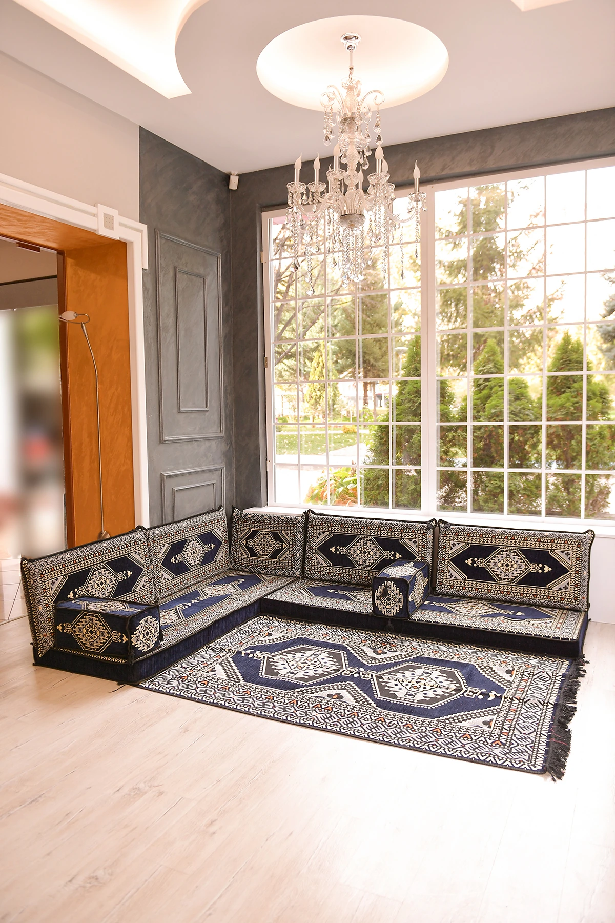 Şark Köşesi Takımı Konsepti Yahyalı Lacivert Modeli Koltuk Takımı Sünger Dahil (10 Parça)