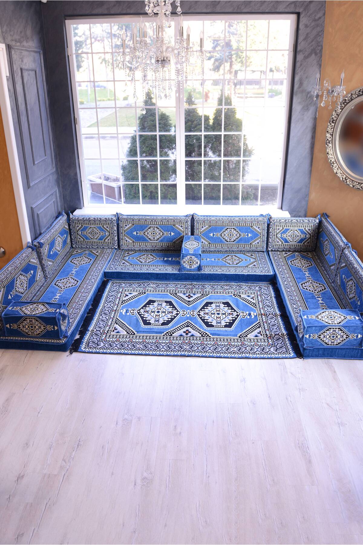 Şark Köşesi Takımı Konsepti Mavi Yahyalı Modeli Koltuk Takımı Sünger Dahil (15 Parça)