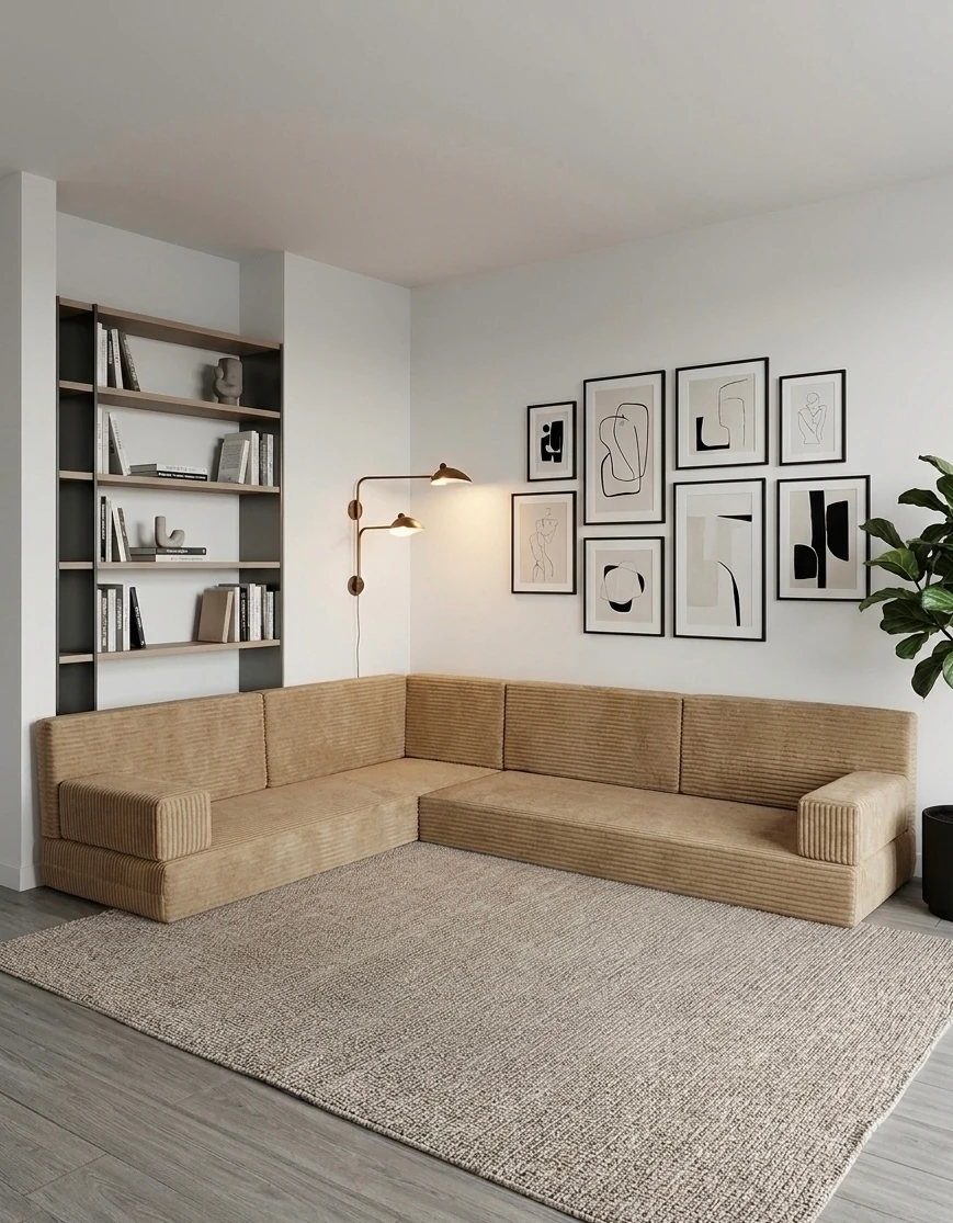 Premium Kadife Kumaş, Konforlu Yer Kanepesi ,Modüler Şark Köşesi Takımı - Bej - L SET