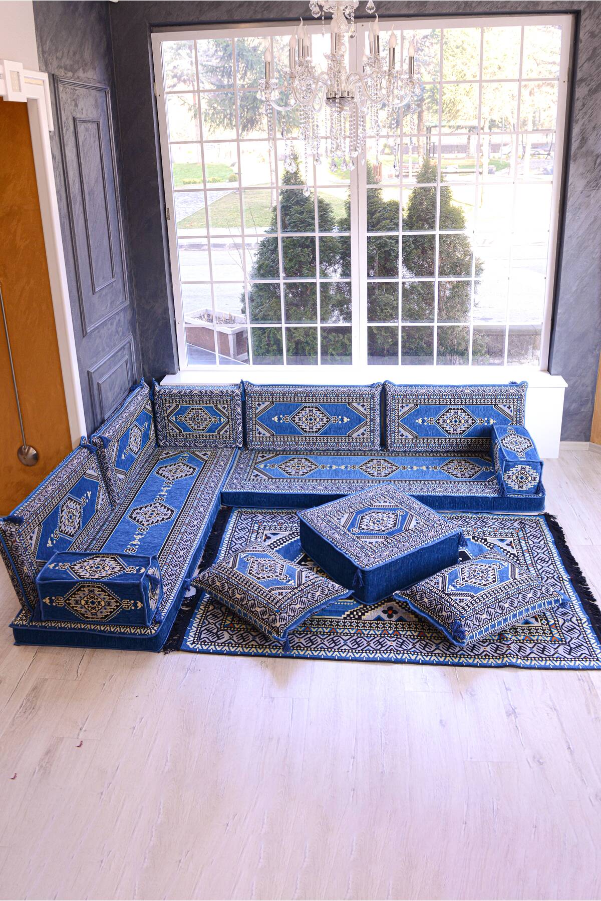 Şark Köşesi Takımı Konsepti Mavi Yahyalı Modeli Koltuk Takımı Sünger Dahil (13 Parça)