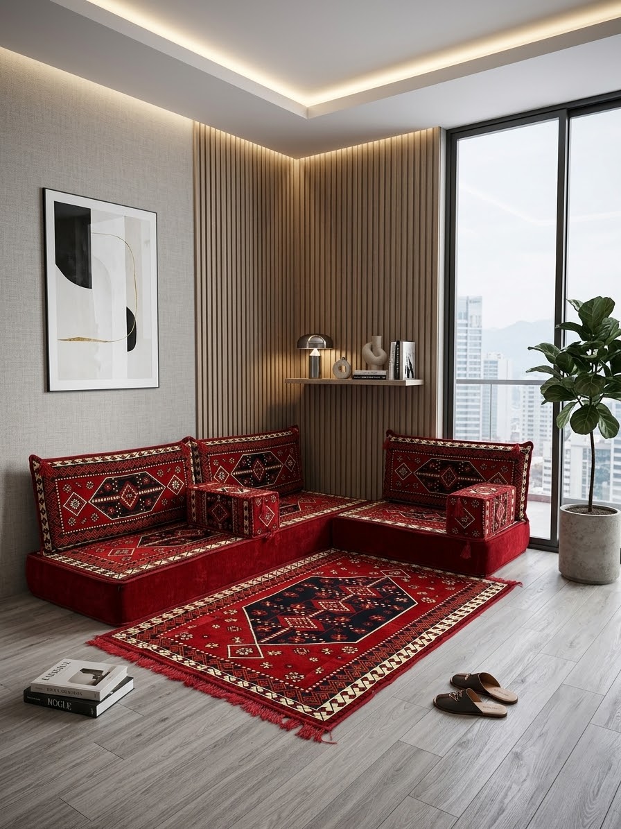 20 cm Kalınlıklı Şark Köşesi Takımı - 70x190 + 70x95 Sedir Desenli Minder Seti