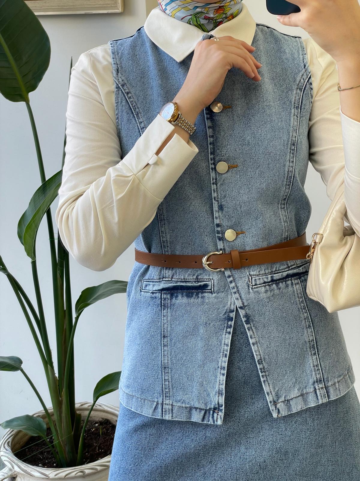 Deri Kemerli Denim Takım