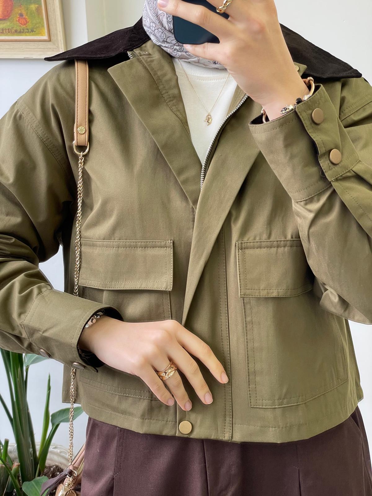 Kadife Yaka Detay Midi Ceket - Yeşil