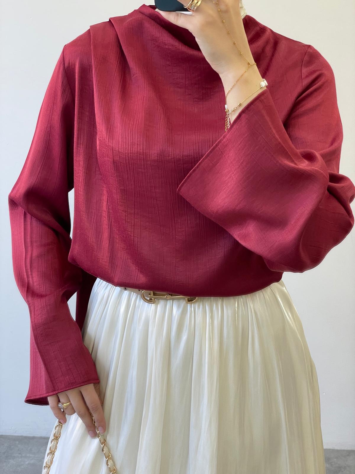 Rosa Saten Bluz - Bordo