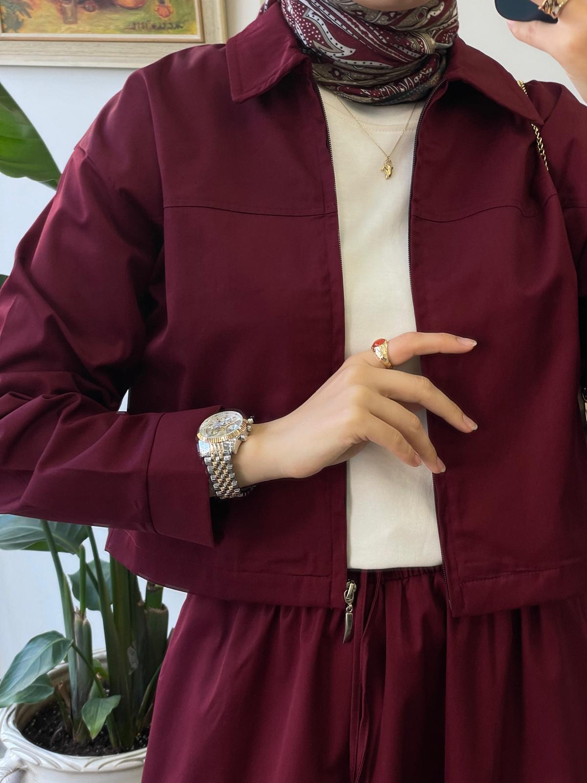 Dikişli Gabardin Etekli Takım - Bordo