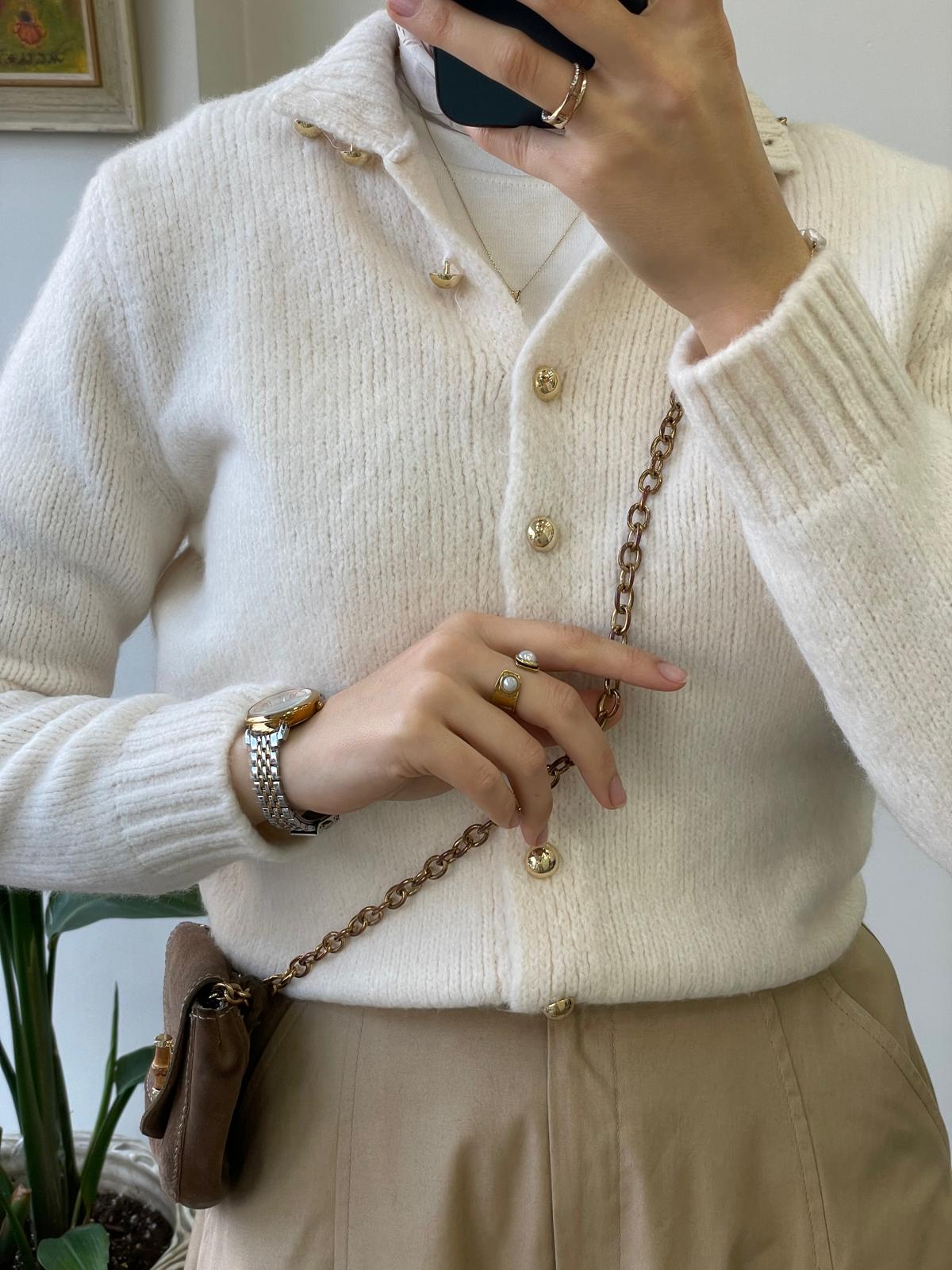 Mari Yün Dokuma Hırka - Ekru