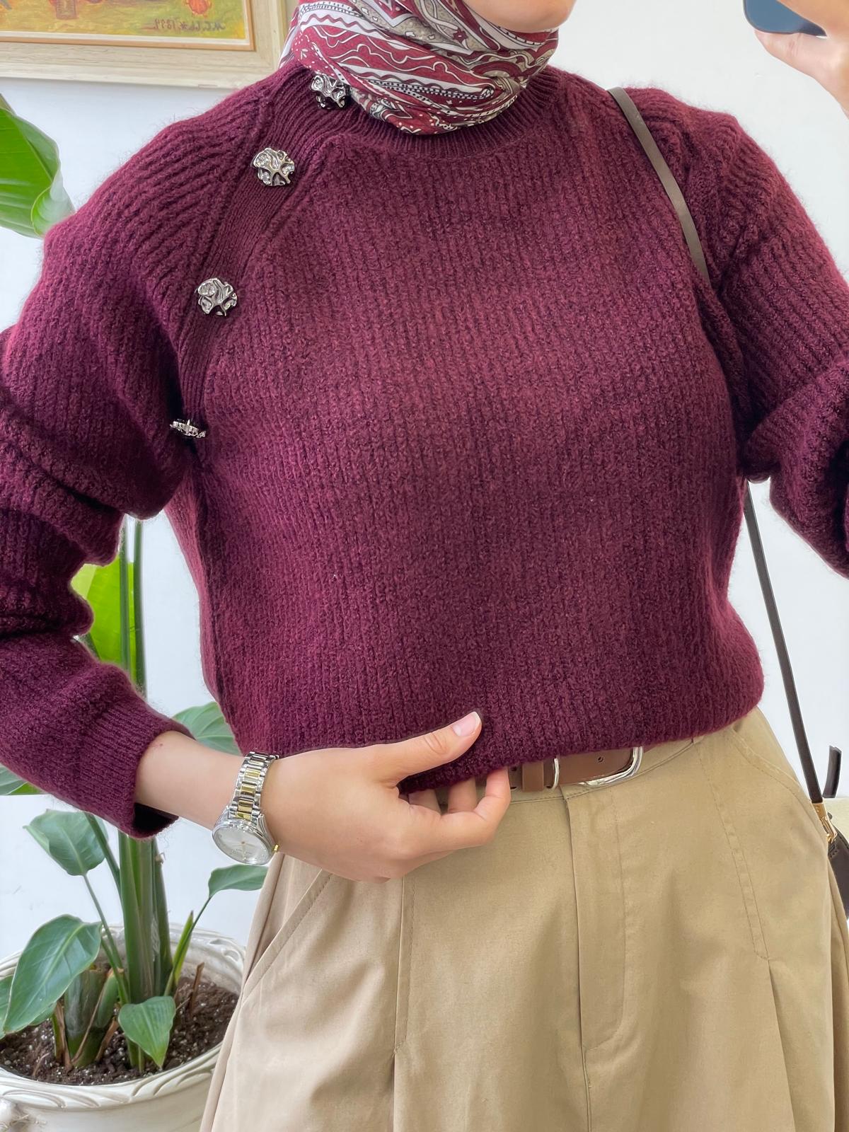 Düğme Detaylı Kazak - Bordo