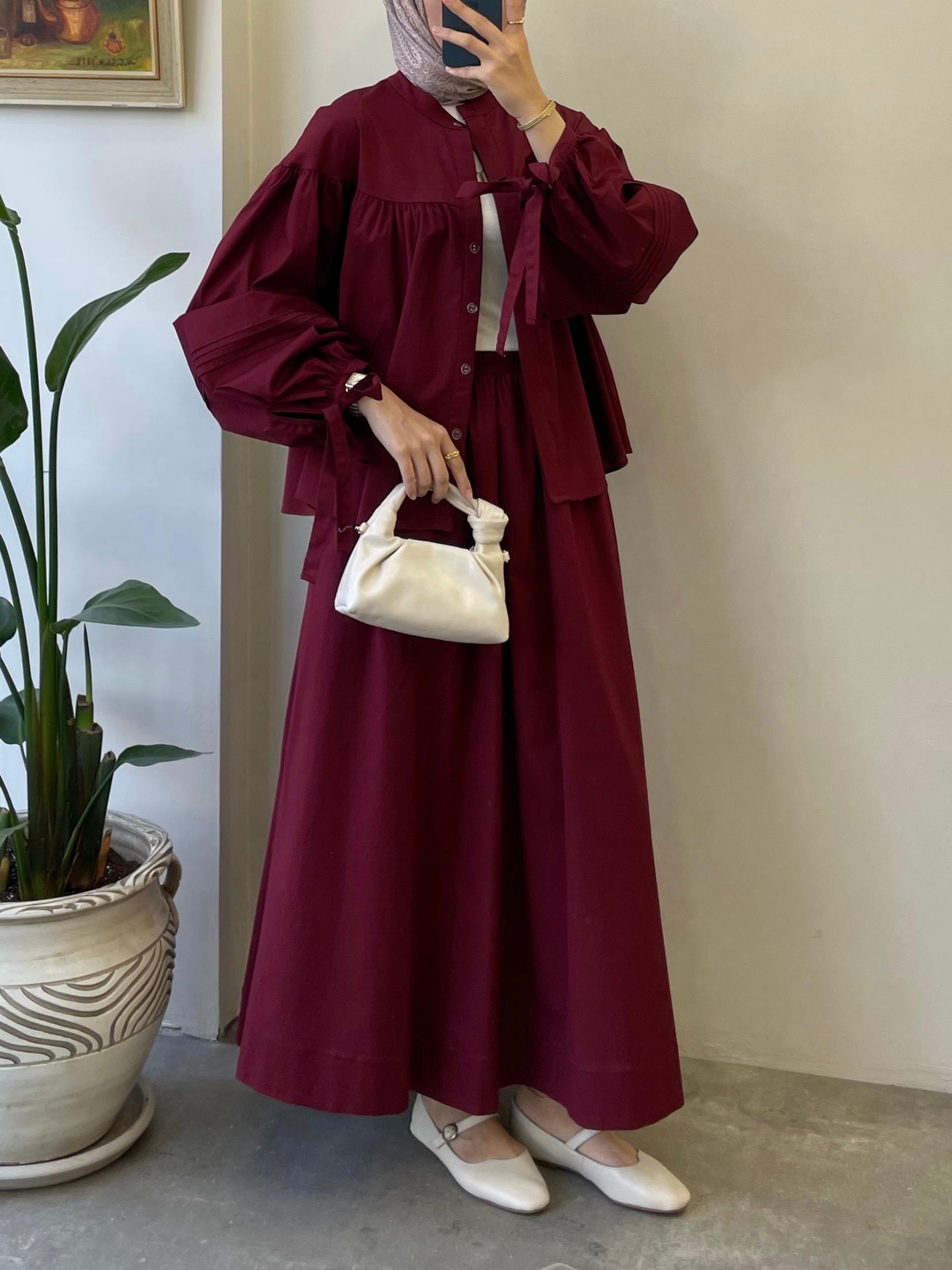 Nervür Detay Poplin Etekli Takım - Bordo
