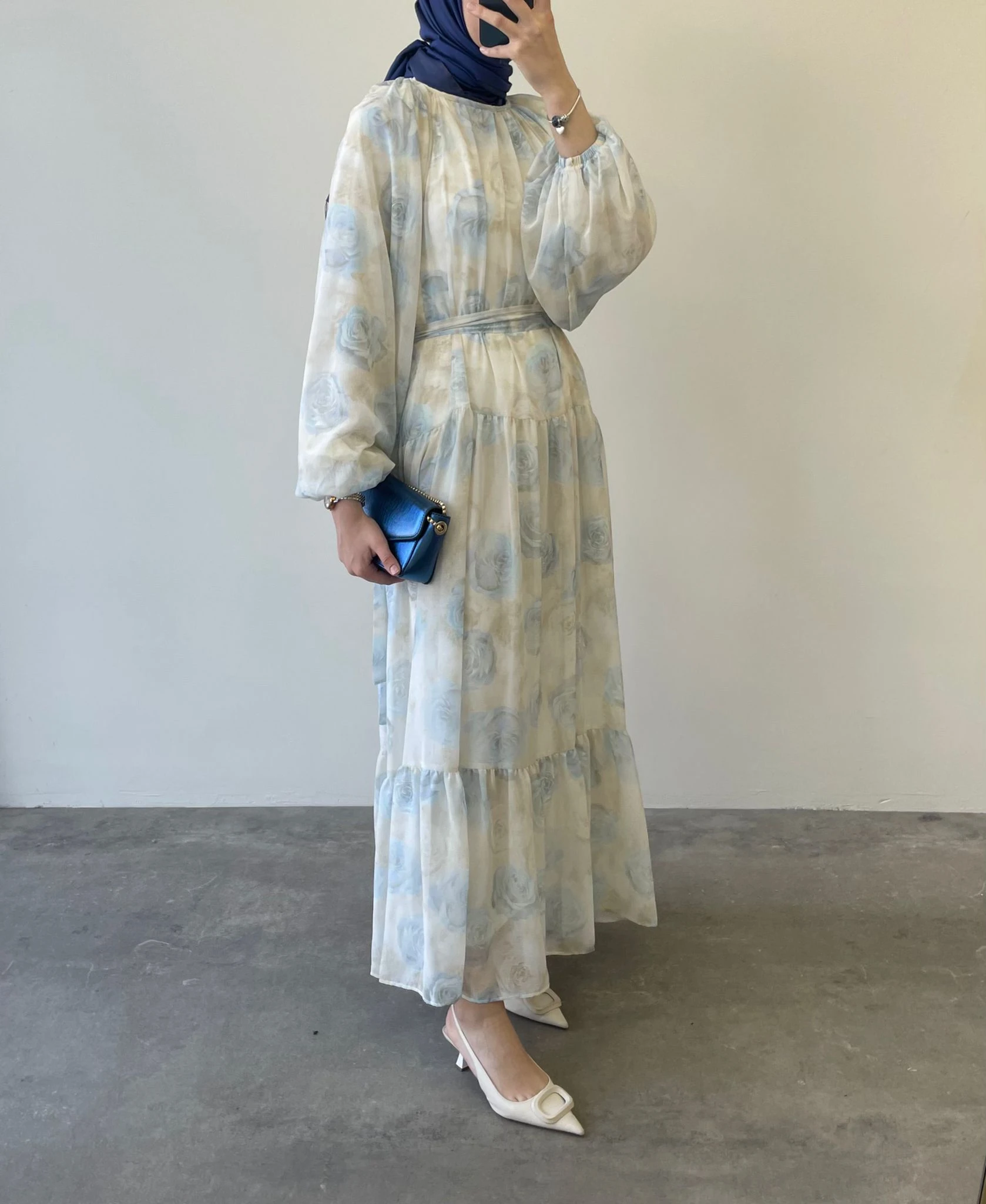 Ruffle Floral Baskılı Askılı Uzun Elbise