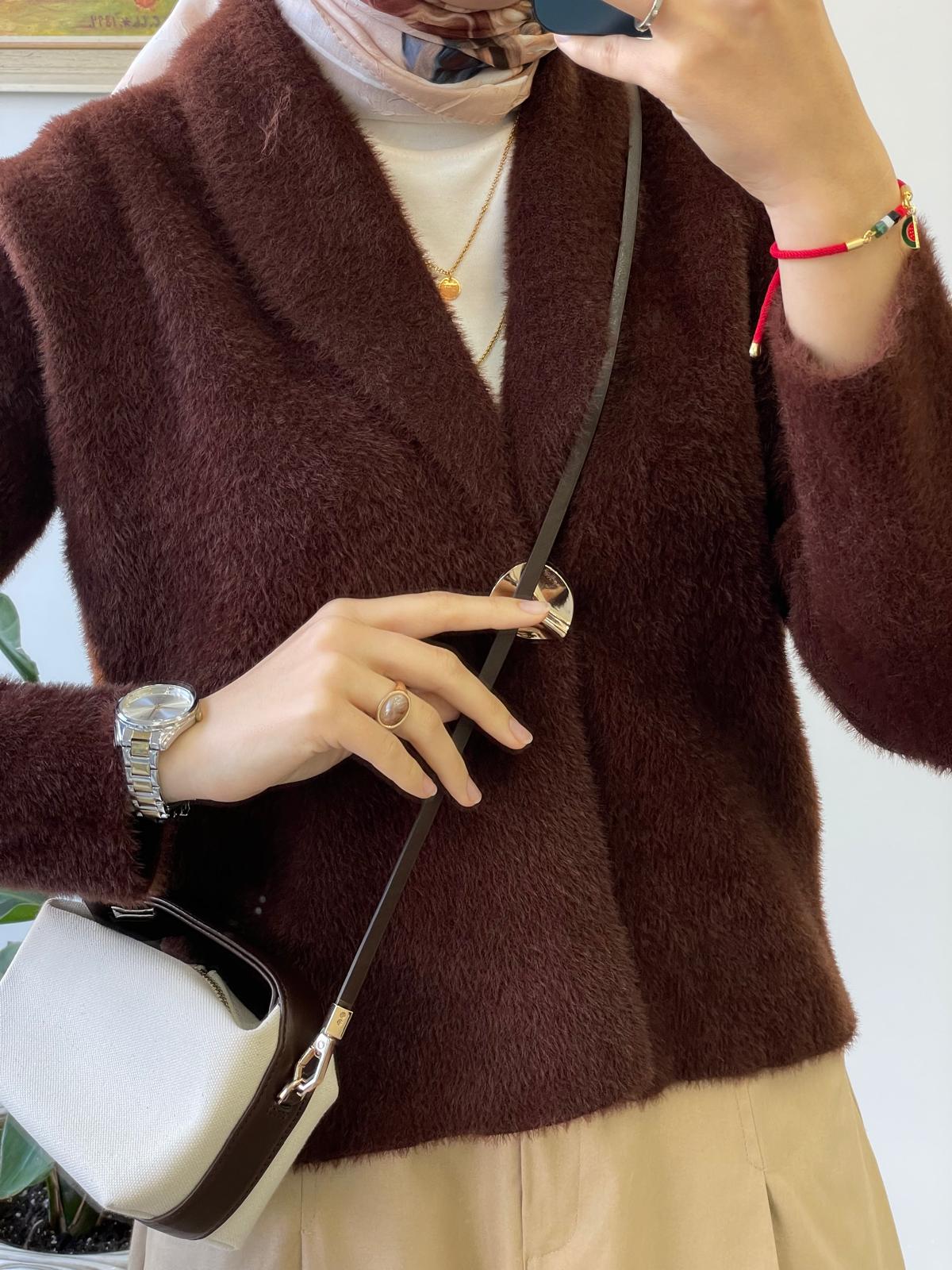 Tek Düğme Angora Hırka - Acı kahve