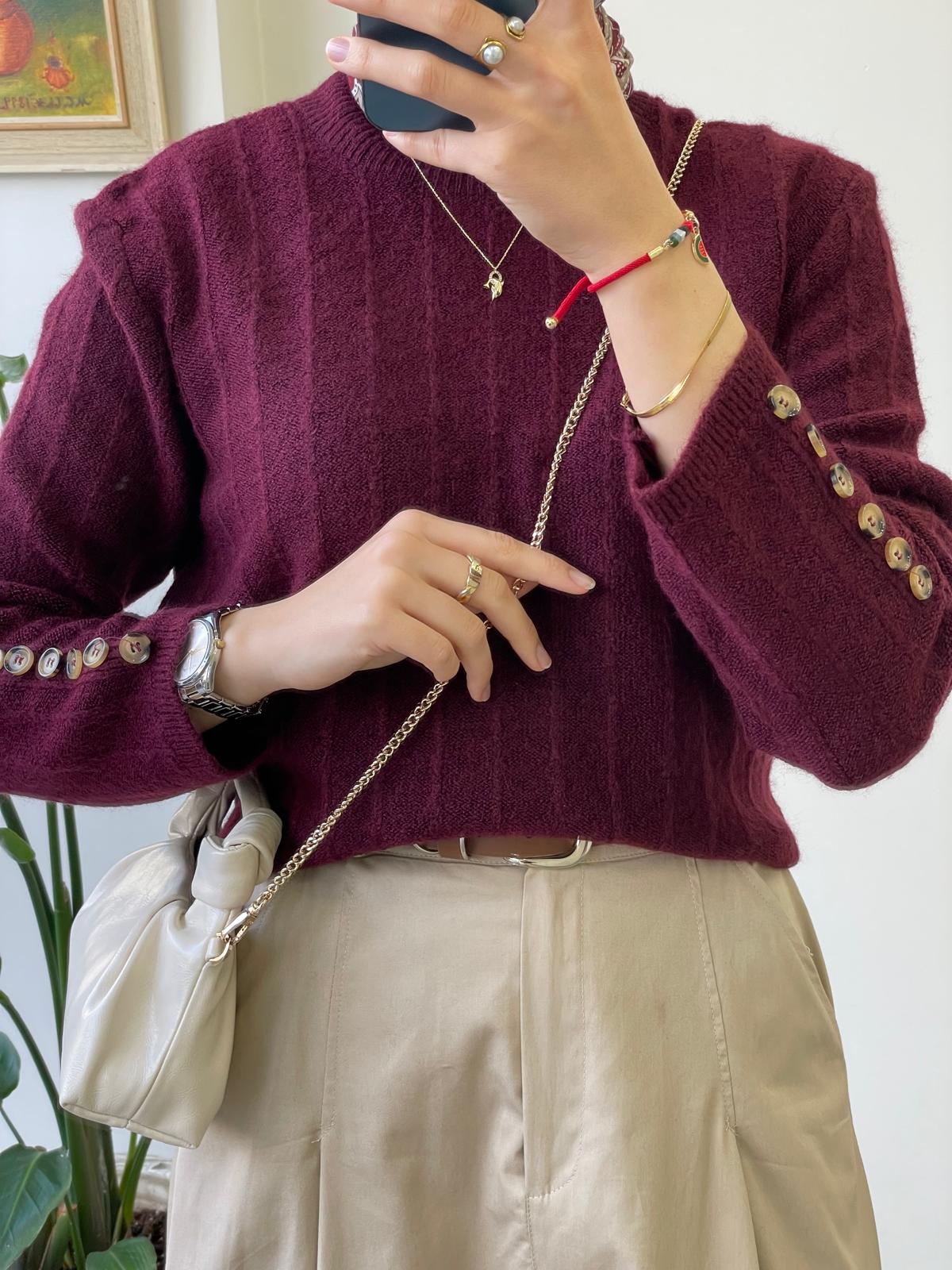 Şeritli Kolu Düğmeli Kazak - Bordo