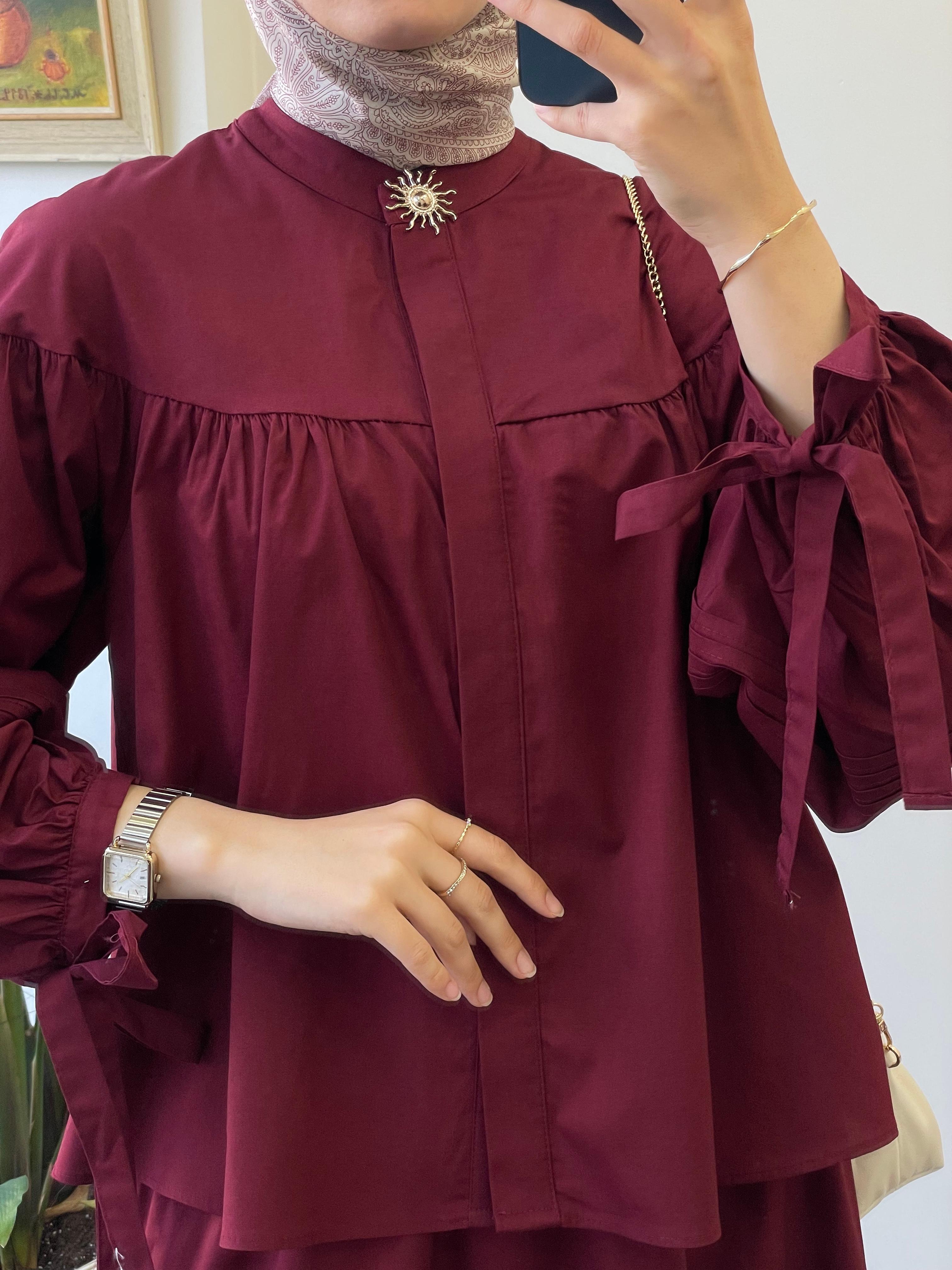 Nervür Detay Poplin Etekli Takım - Bordo