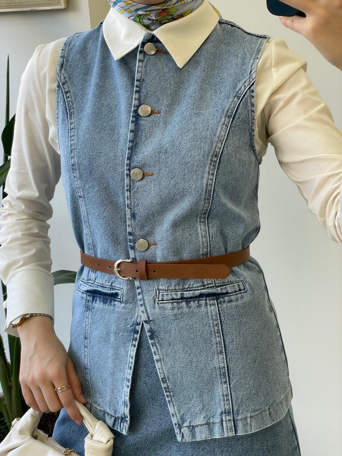 Deri Kemerli Denim Takım