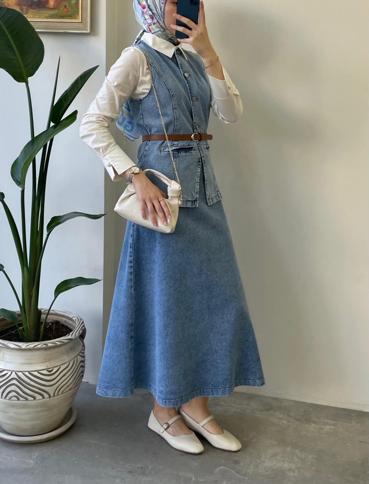 Deri Kemerli Denim Takım