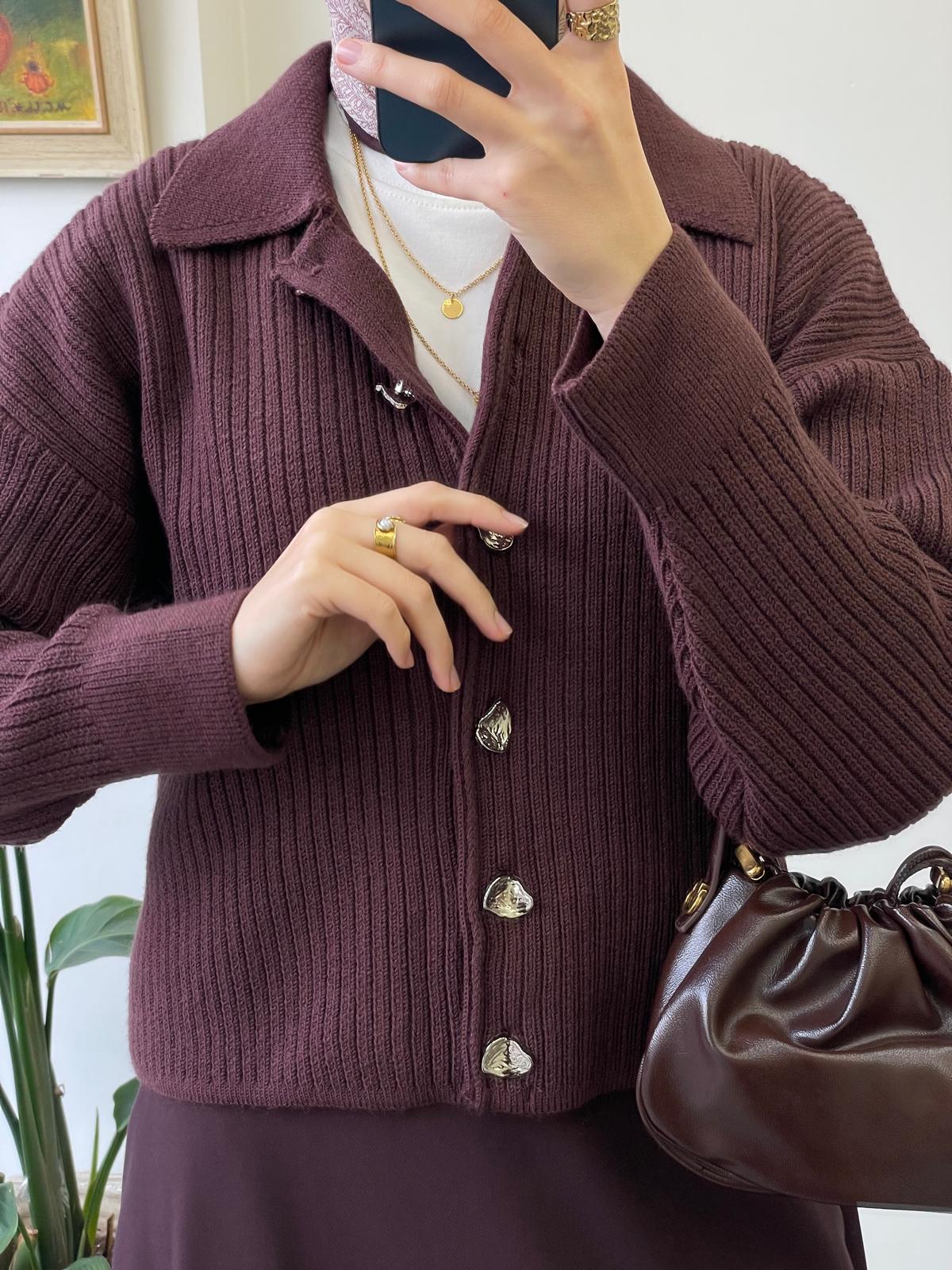 Kalp Aksesuarlı Dokuma Hırka - Mürdüm