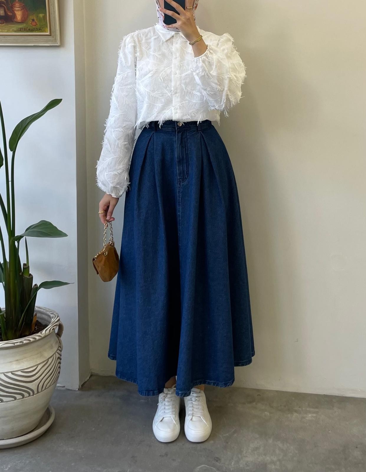 Pileli Denim Etek