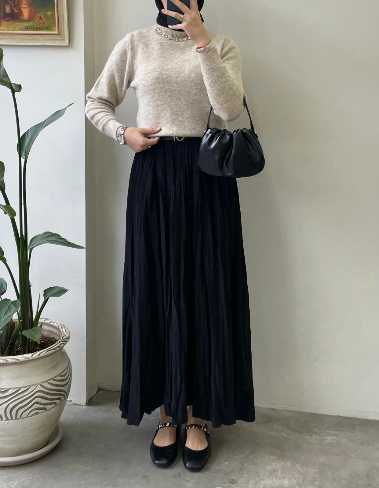 Kırışık Kumaş Etek - siyah