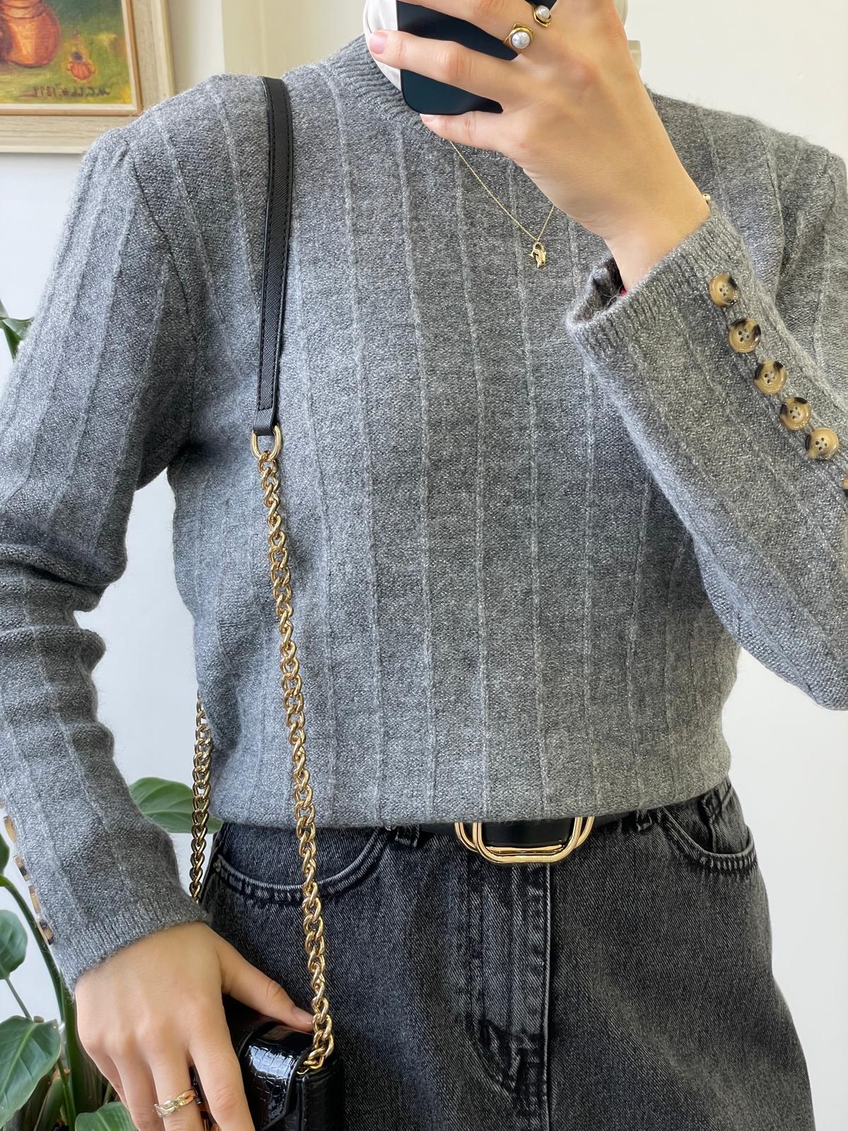 Şeritli Kolu Düğmeli Kazak - Antrasit