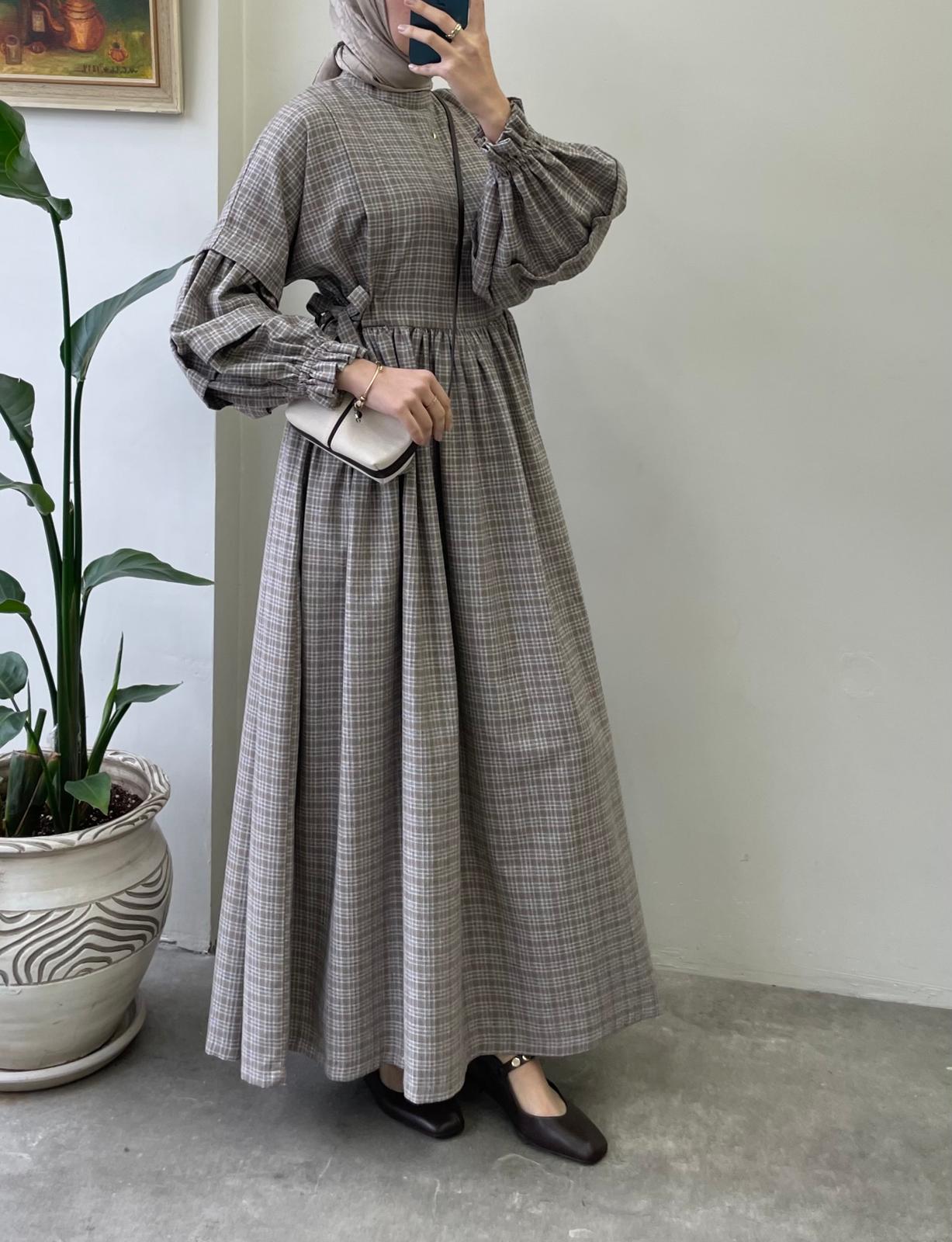 Ekose Desen Elbise - Vizon