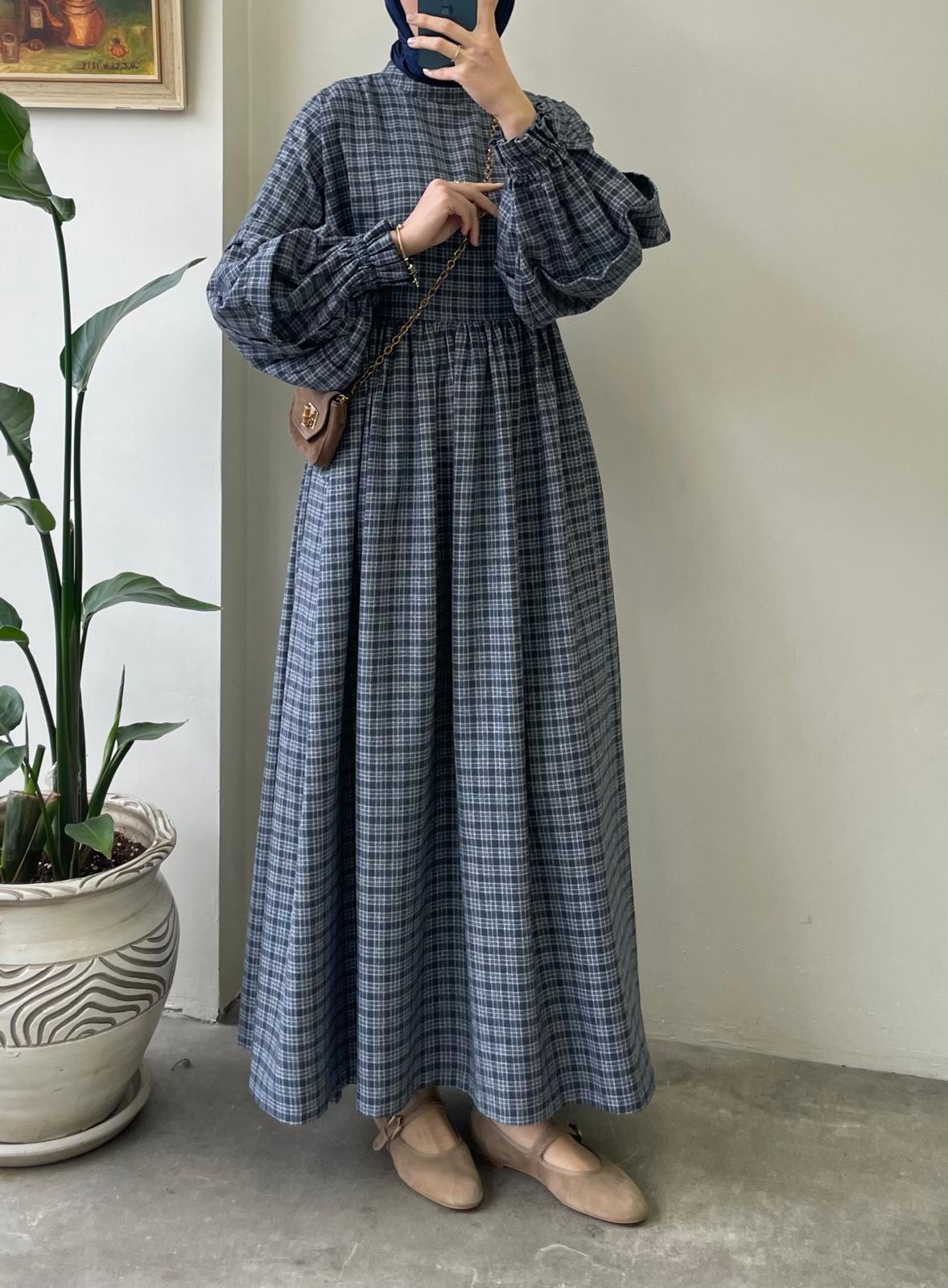 Ekose Desen Elbise - Mavi