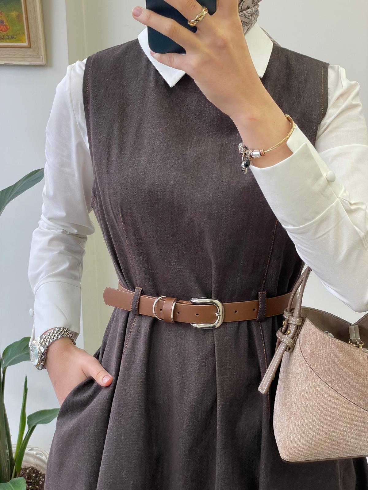 Deri Kemerli Denim Jile - Kahverengi