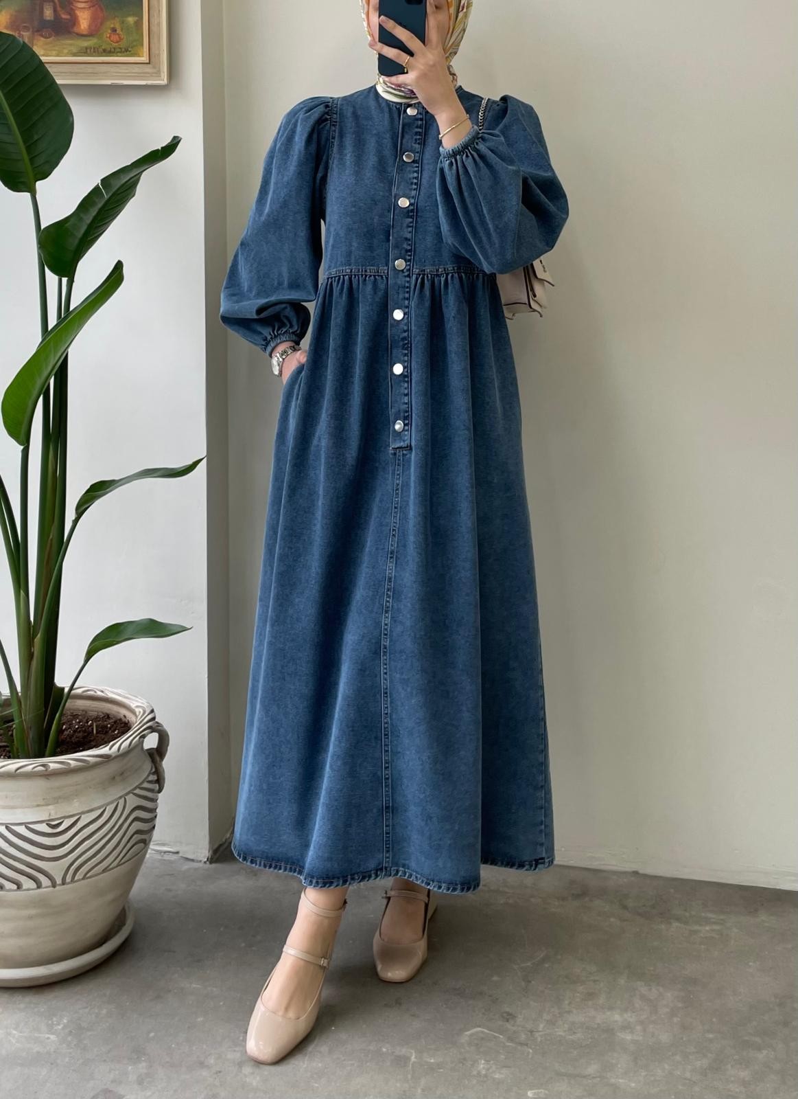 Düğmeli Denim Elbise