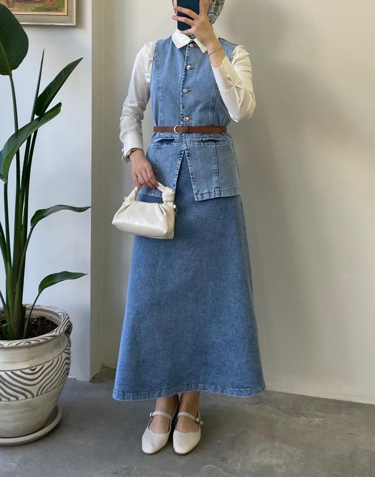 Deri Kemerli Denim Takım