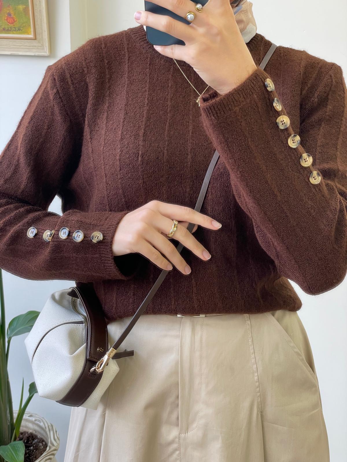 Şeritli Kolu Düğmeli Kazak - Kahverengi