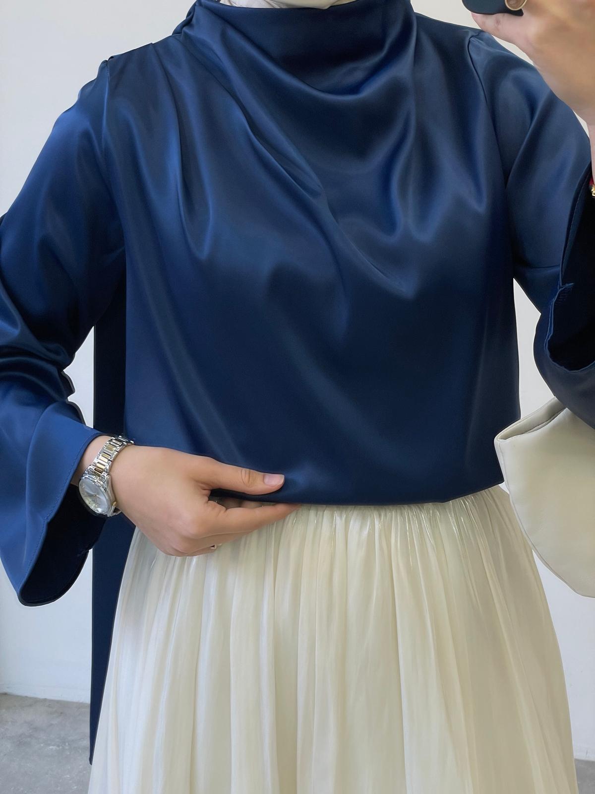 Rosa Saten Bluz - Lacivert